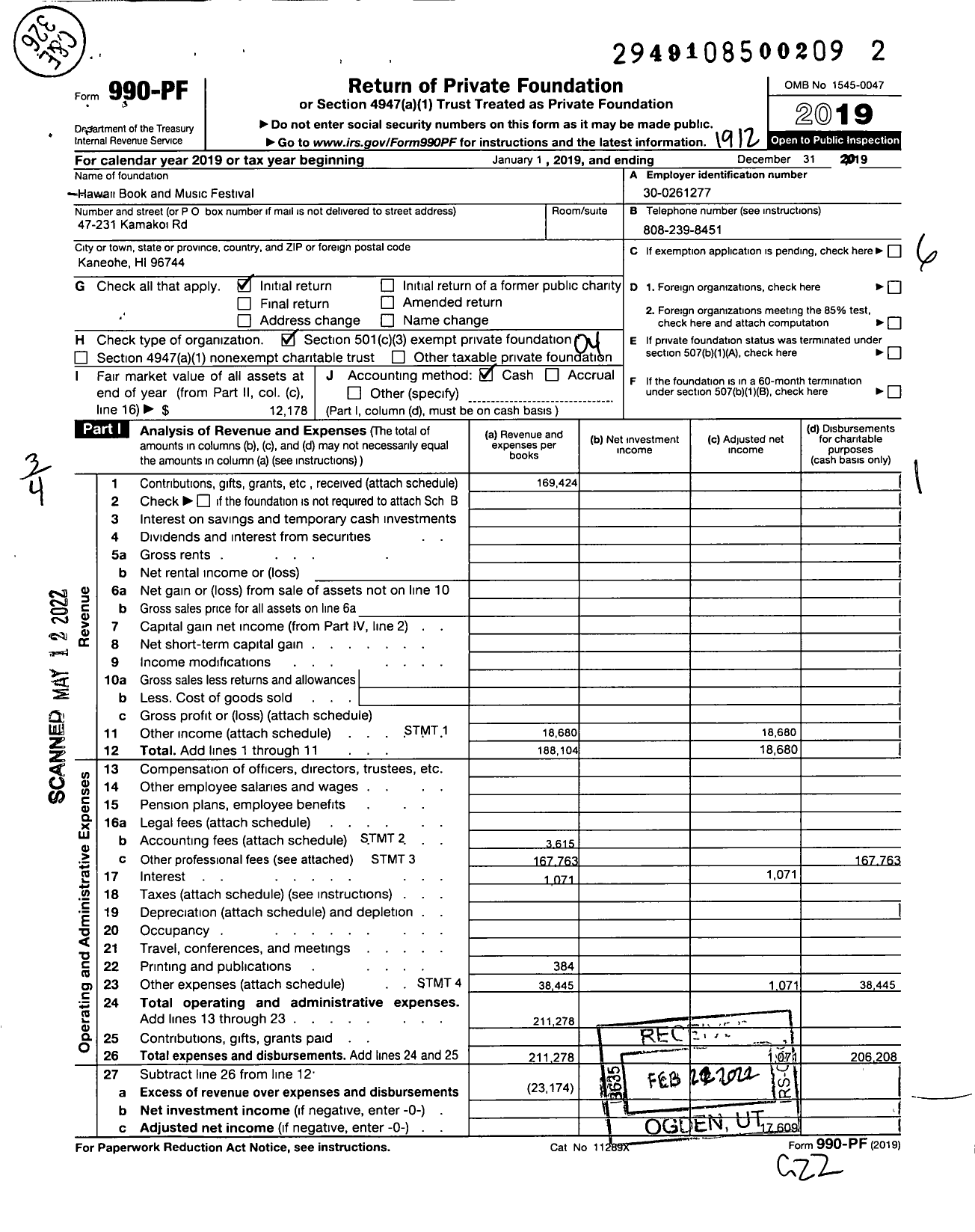 Image of first page of 2019 Form 990PF for Hawaii Book and Music Festival