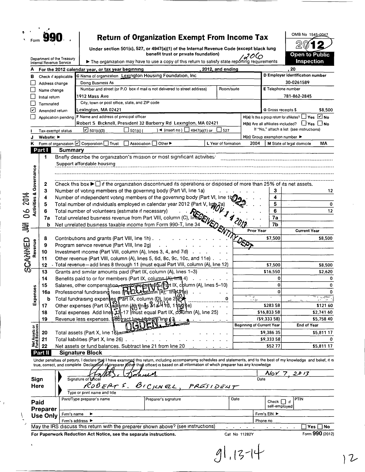 Image of first page of 2011 Form 990 for Lexington Housing Foundation