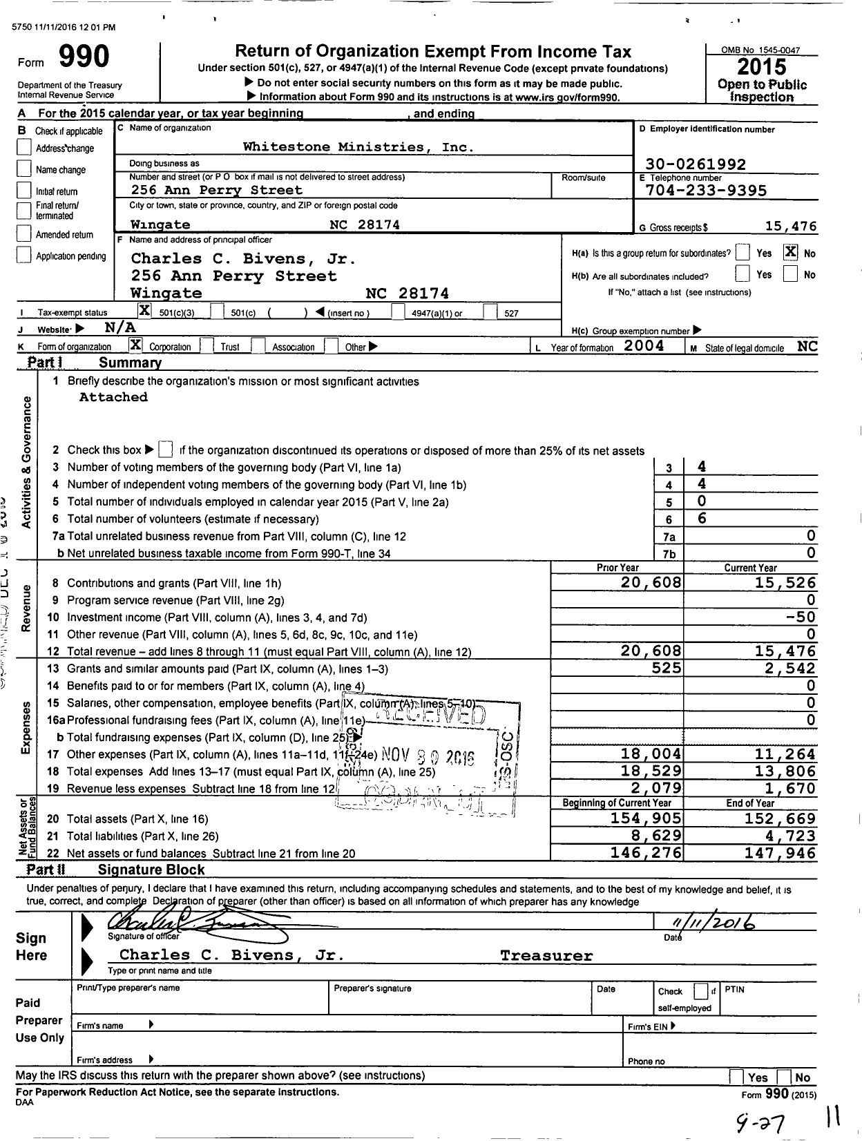 Image of first page of 2015 Form 990 for Whitestone Ministries