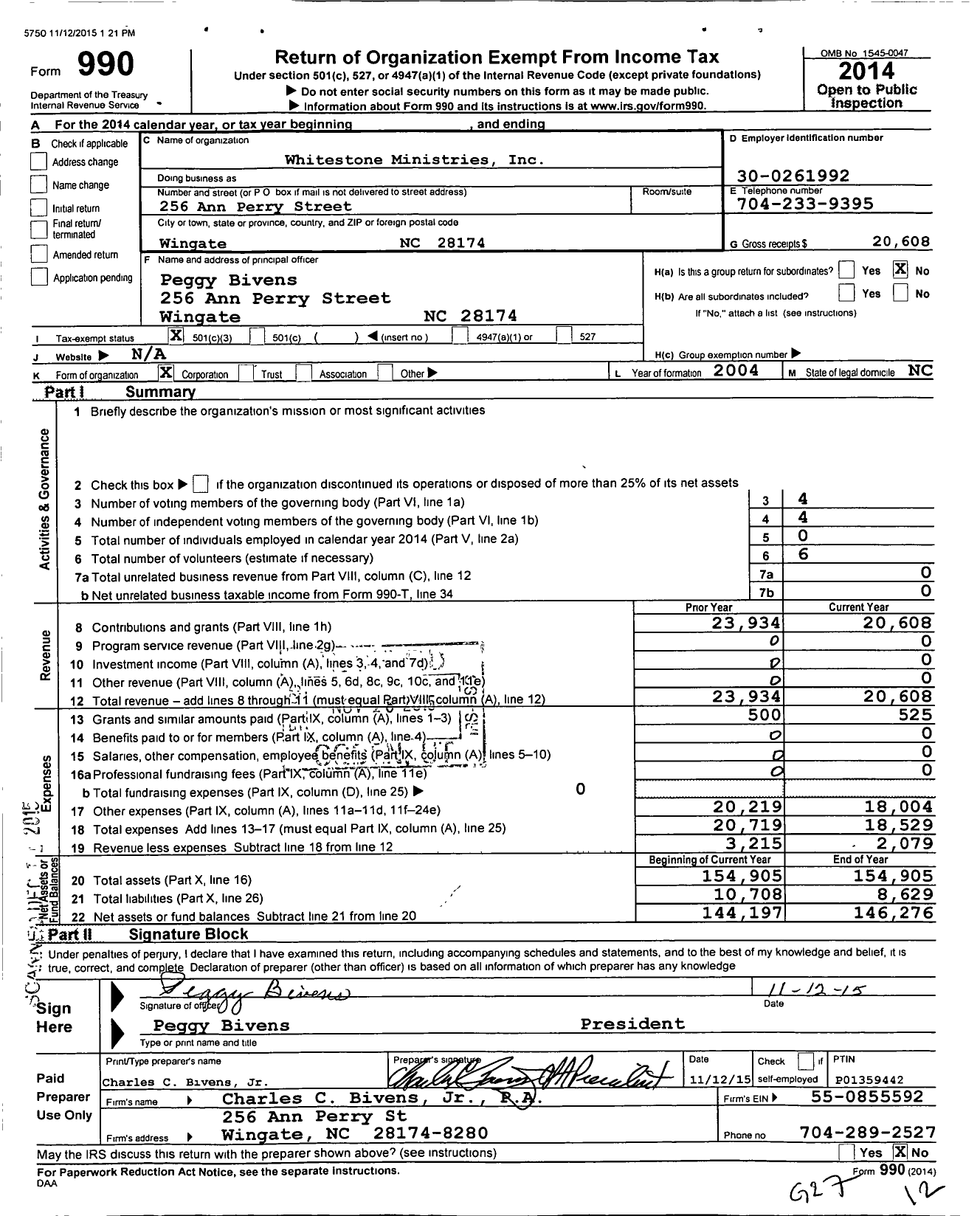 Image of first page of 2014 Form 990 for Whitestone Ministries