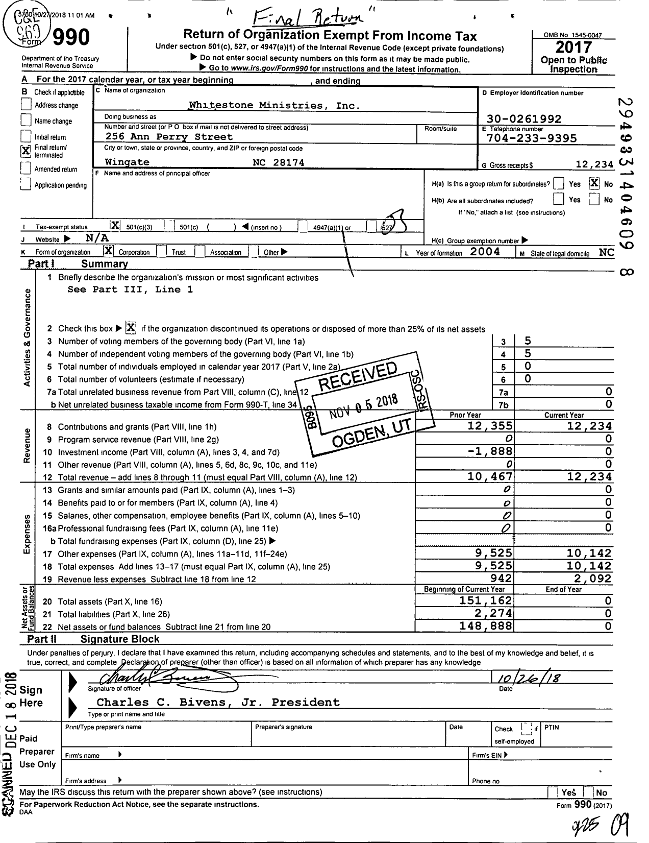 Image of first page of 2017 Form 990 for Whitestone Ministries