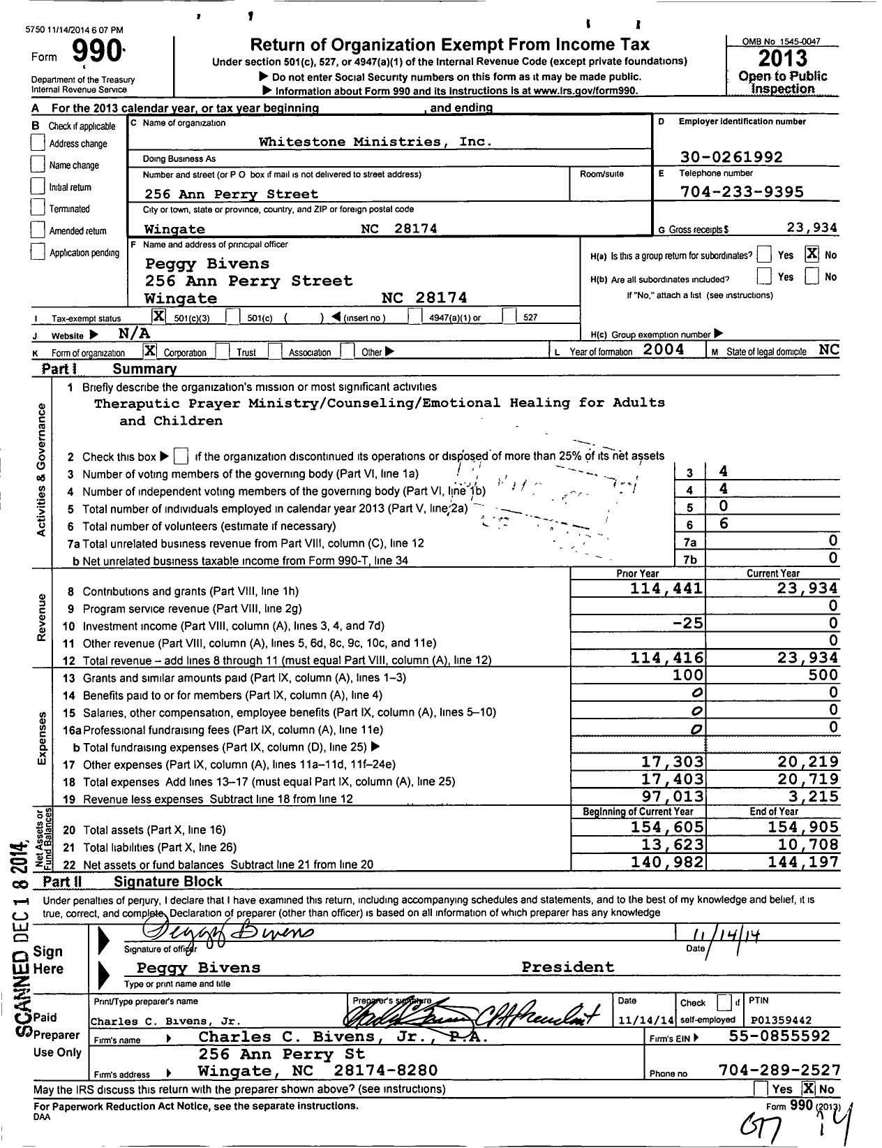 Image of first page of 2013 Form 990 for Whitestone Ministries