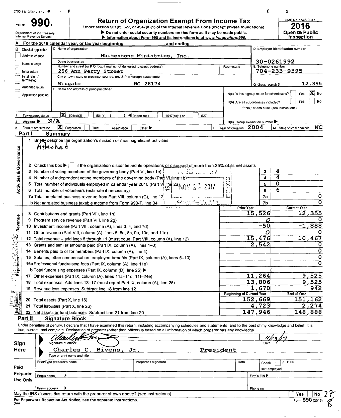 Image of first page of 2016 Form 990 for Whitestone Ministries