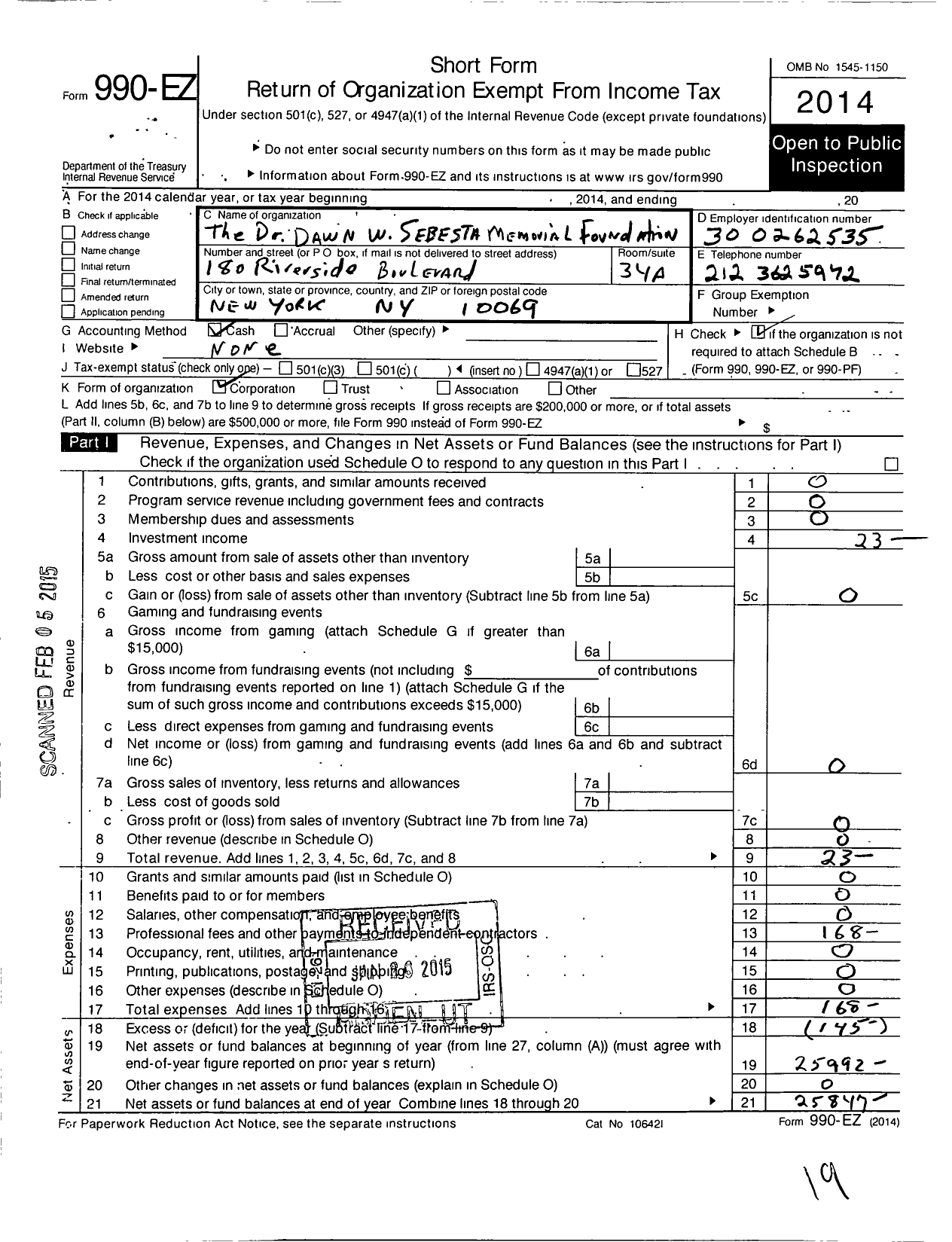 Image of first page of 2014 Form 990EO for Dr Dawn W Sesesta Memorial Foundation