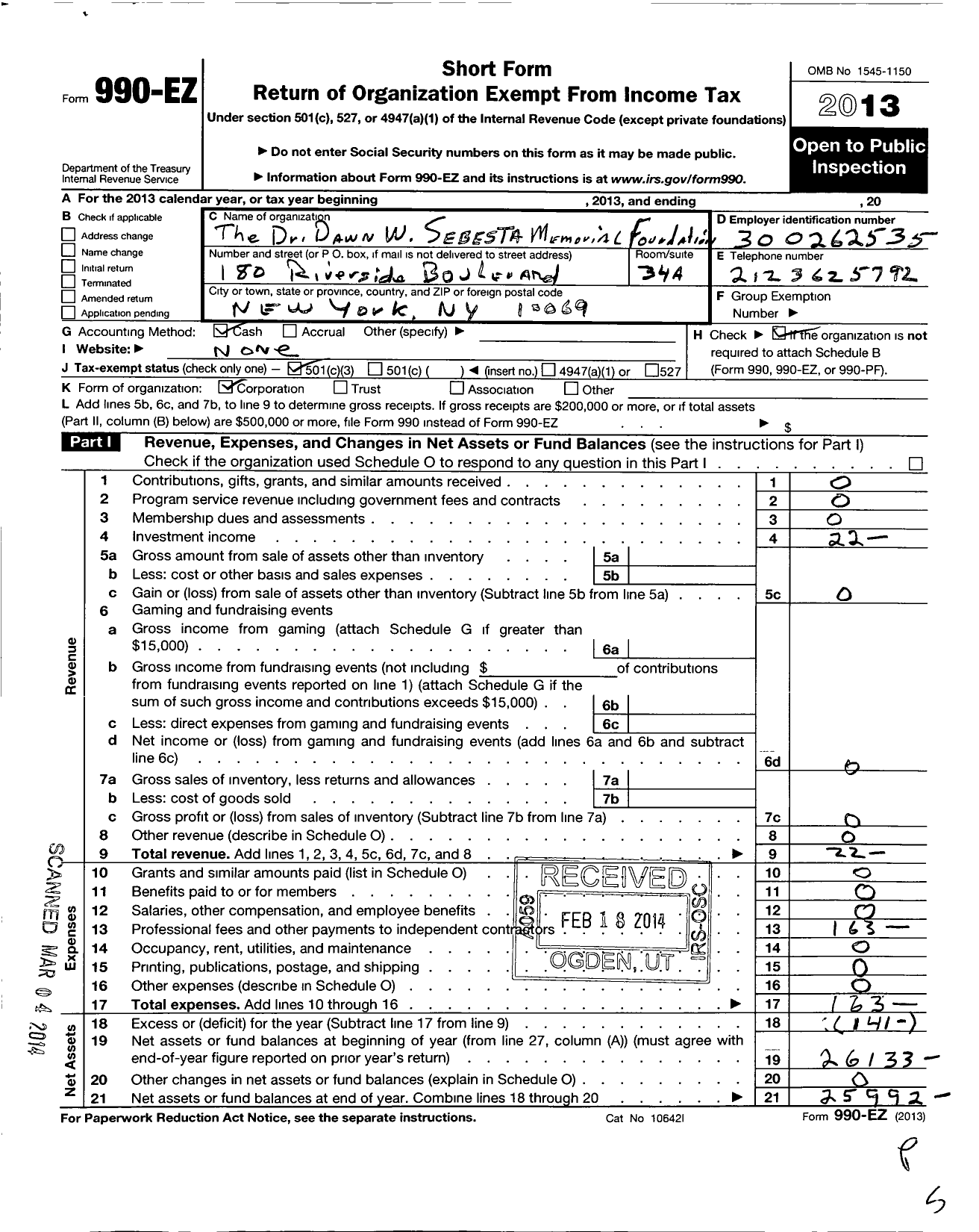 Image of first page of 2013 Form 990EZ for Dr Dawn W Sesesta Memorial Foundation