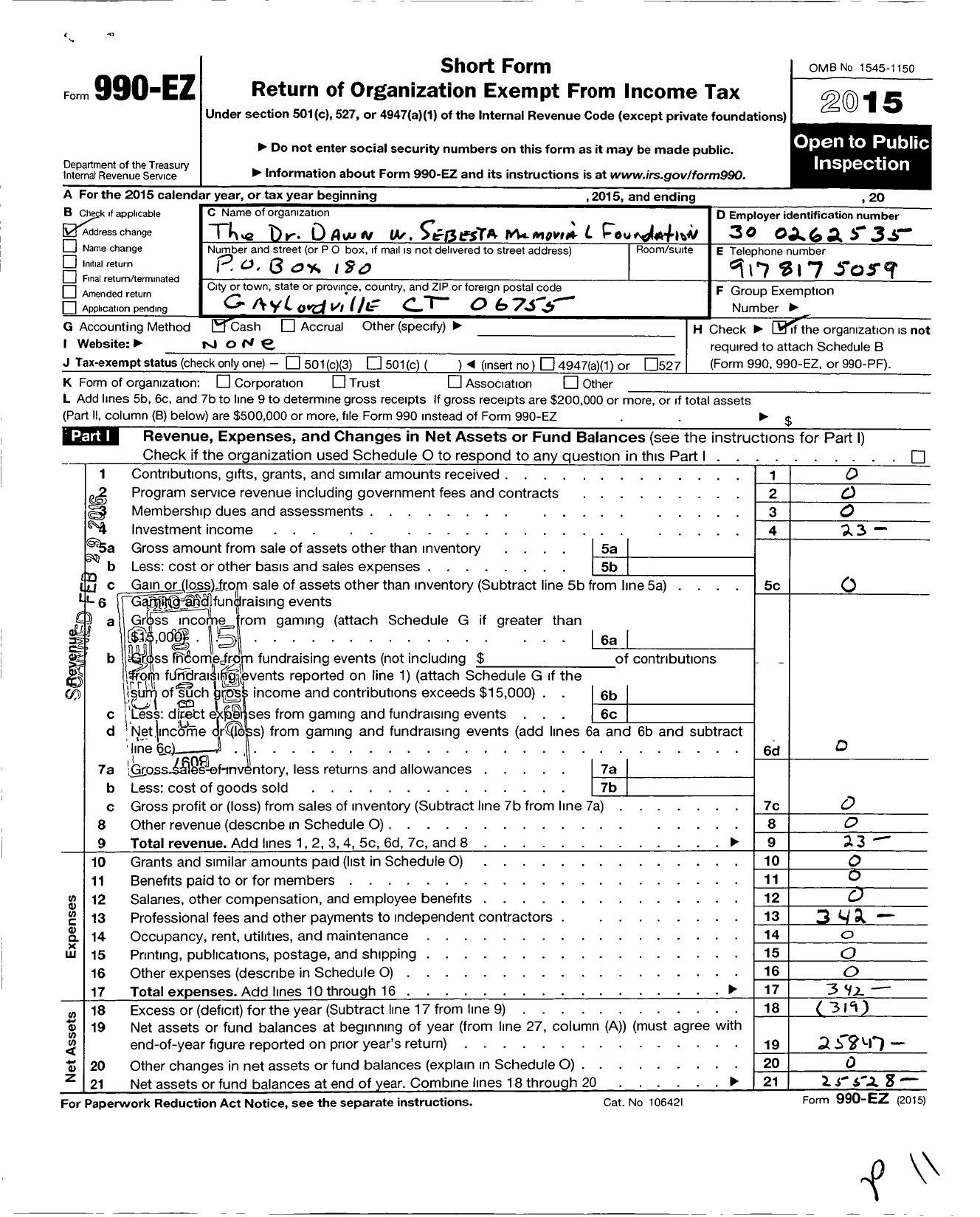 Image of first page of 2015 Form 990EO for Dr Dawn W Sesesta Memorial Foundation