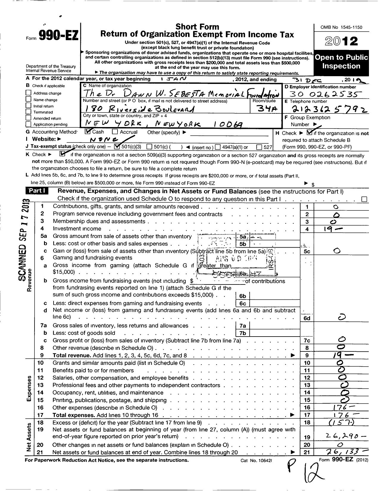 Image of first page of 2012 Form 990EZ for Dr Dawn W Sesesta Memorial Foundation