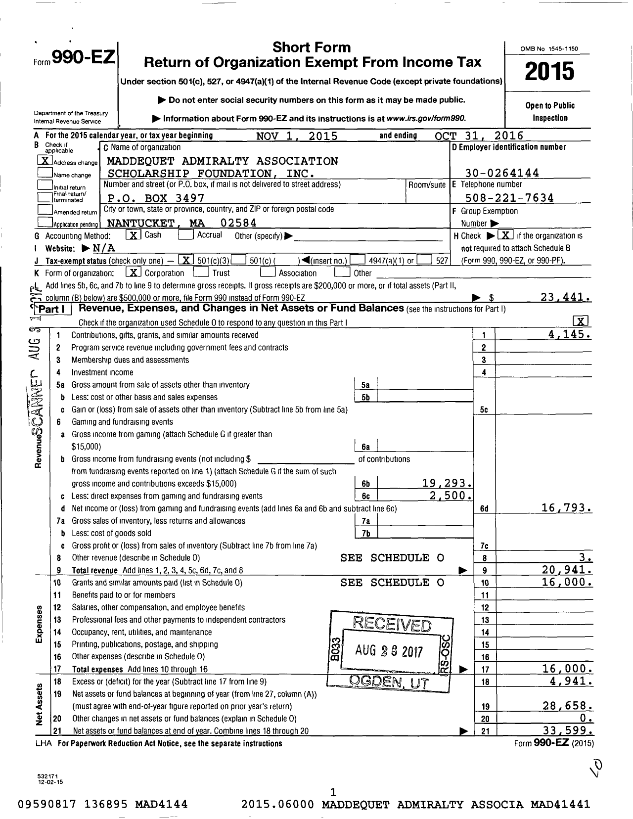 Image of first page of 2015 Form 990EZ for Maddequet Admiralty Association Scholarship Foundation