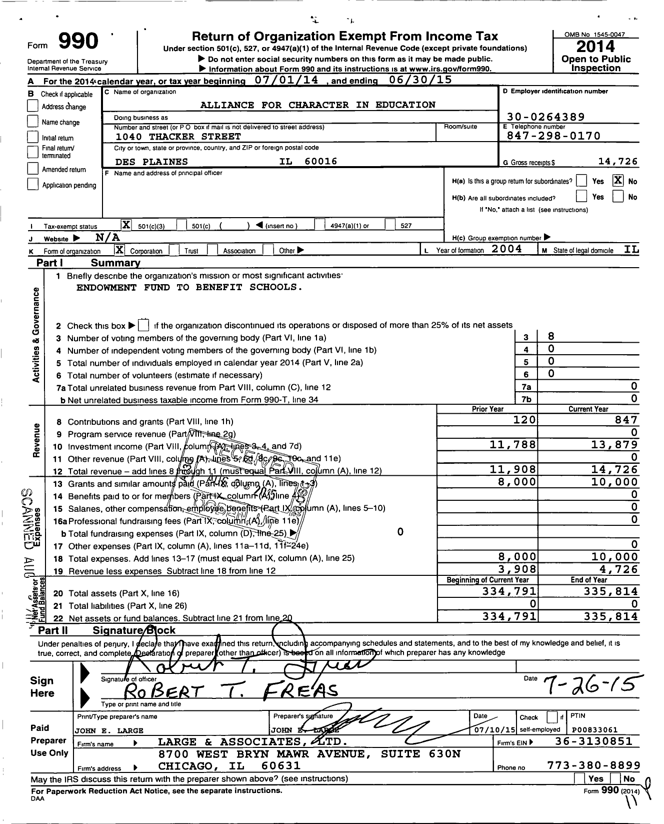 Image of first page of 2014 Form 990 for Alliance for Character in Education