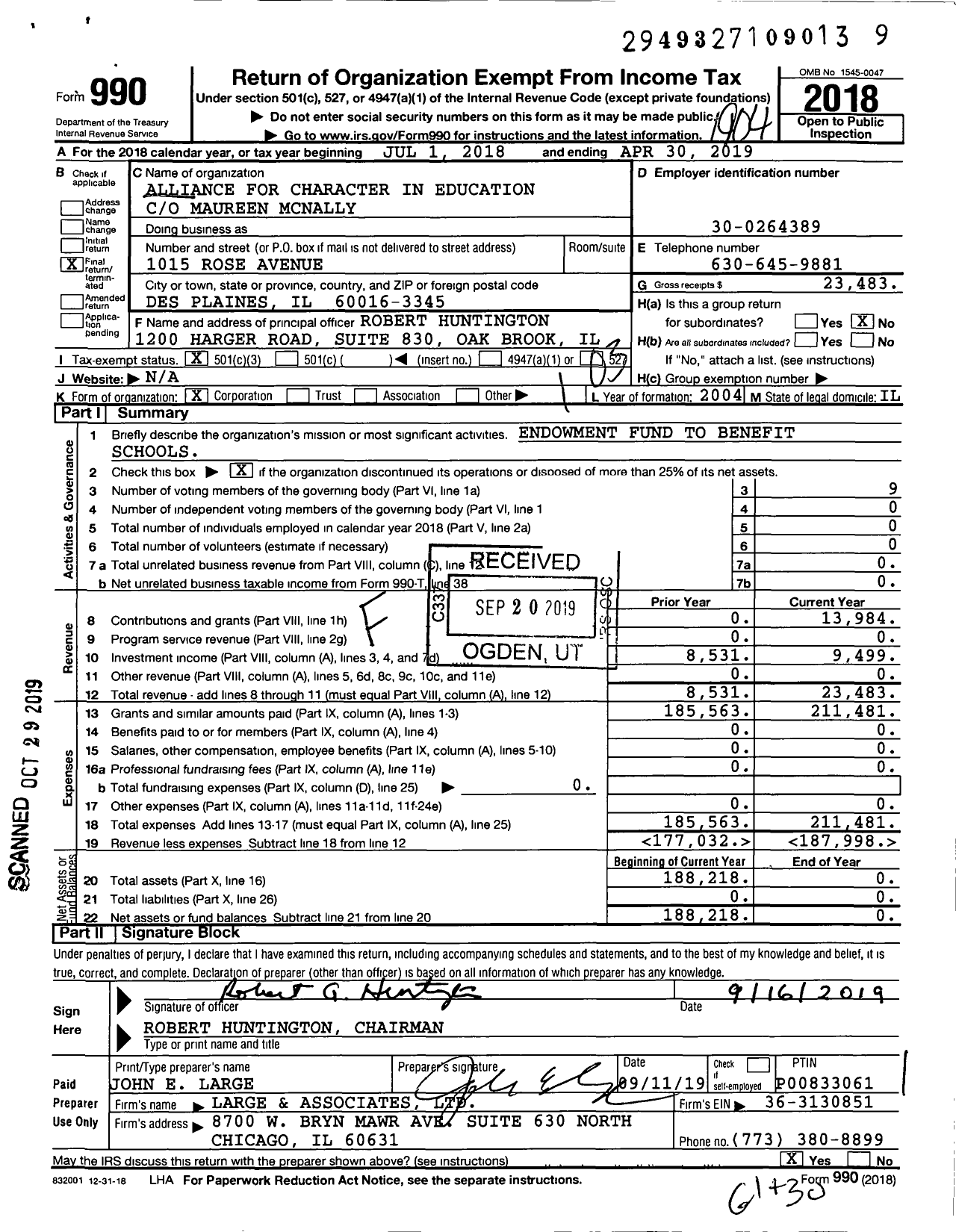 Image of first page of 2018 Form 990 for Alliance for Character in Education