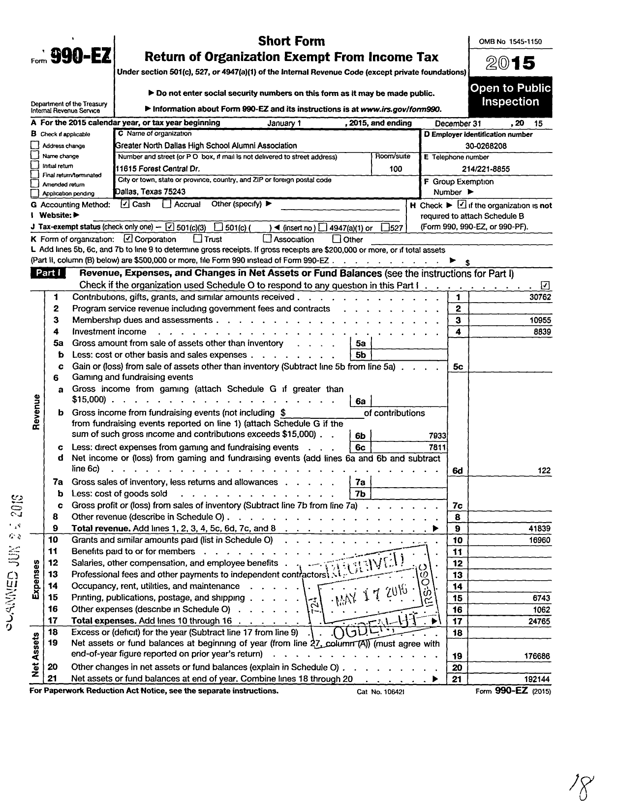 Image of first page of 2015 Form 990EZ for Greater North Dallas High School Alumni Association