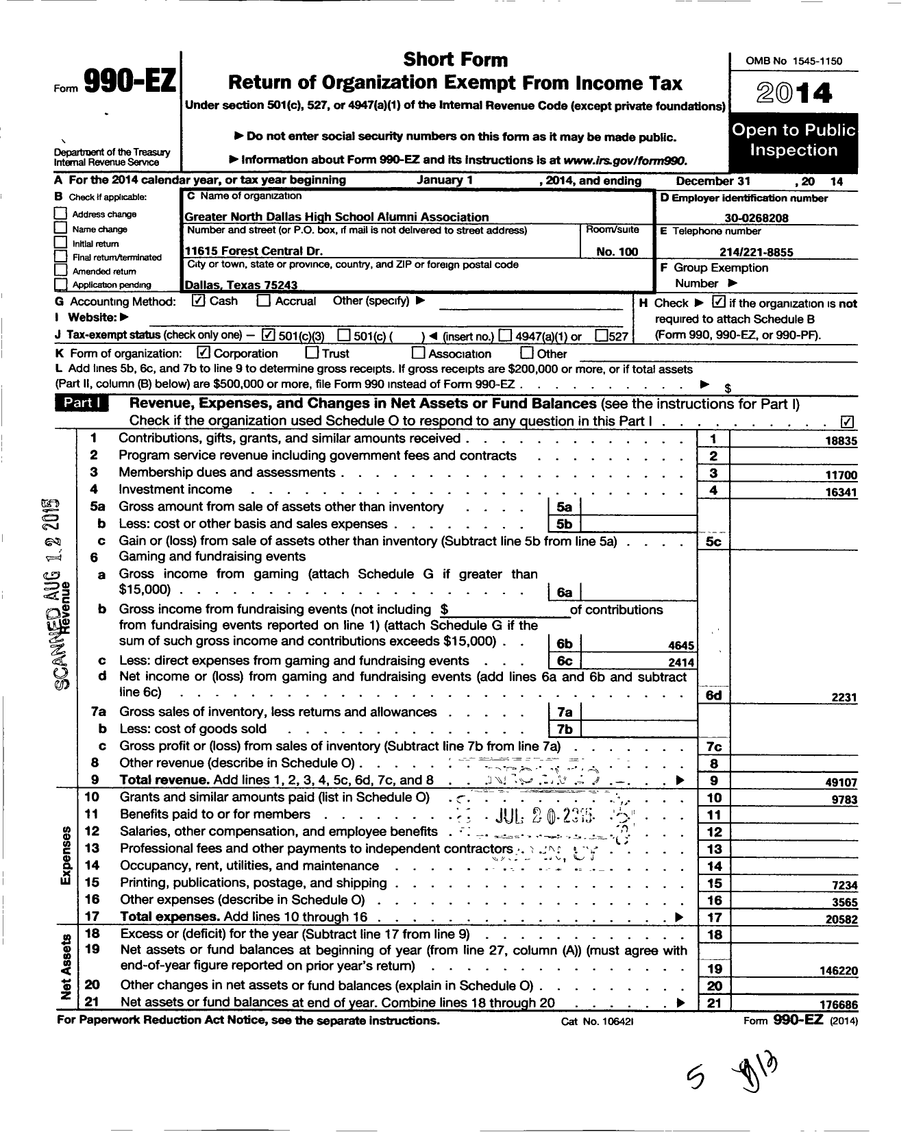 Image of first page of 2014 Form 990EZ for Greater North Dallas High School Alumni Association