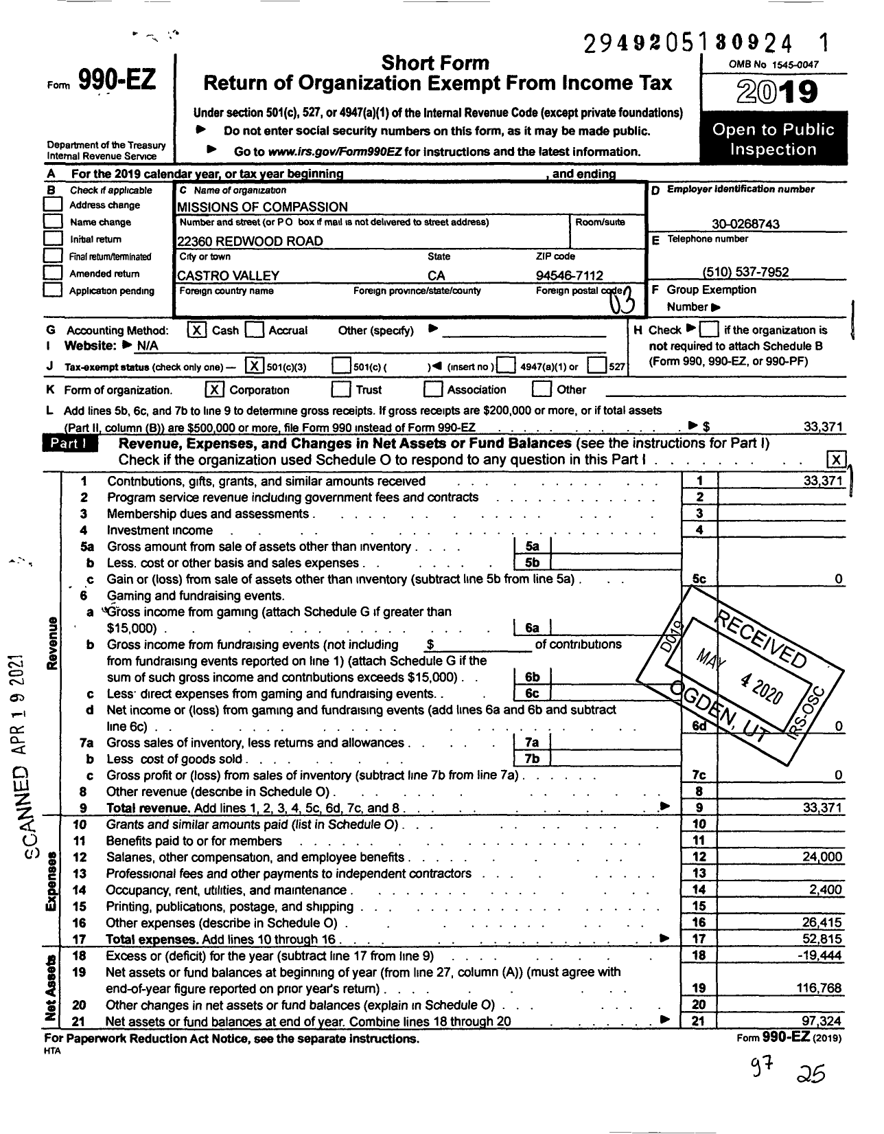 Image of first page of 2019 Form 990EZ for Missions of Compassion