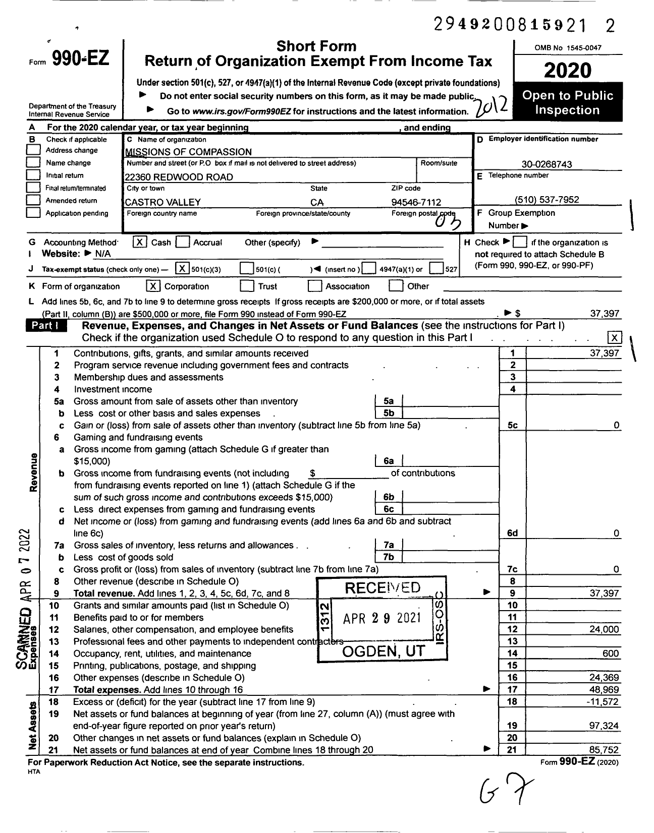 Image of first page of 2020 Form 990EZ for Missions of Compassion