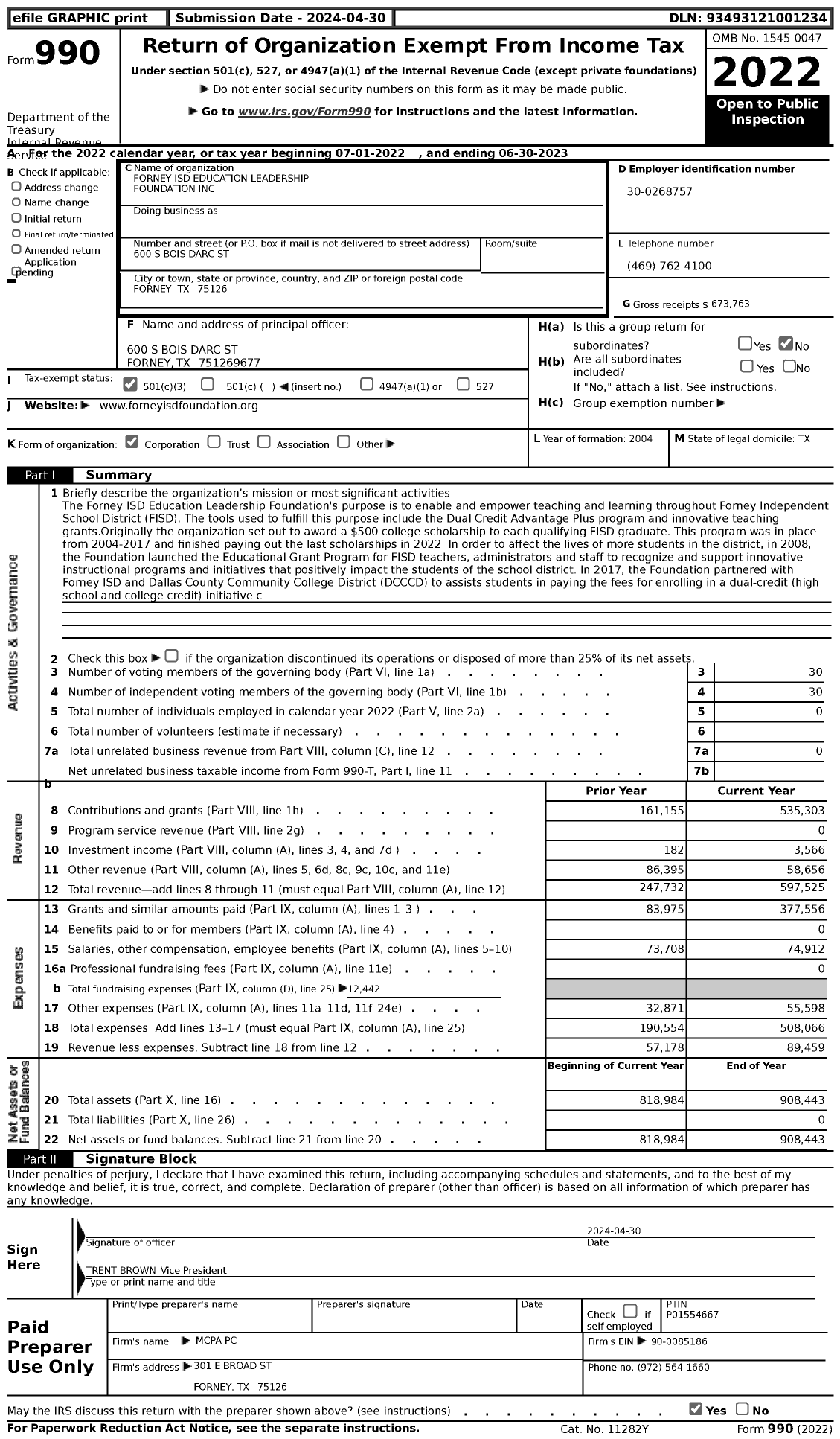 Image of first page of 2022 Form 990 for Forney Isd Education Leadership Foundation