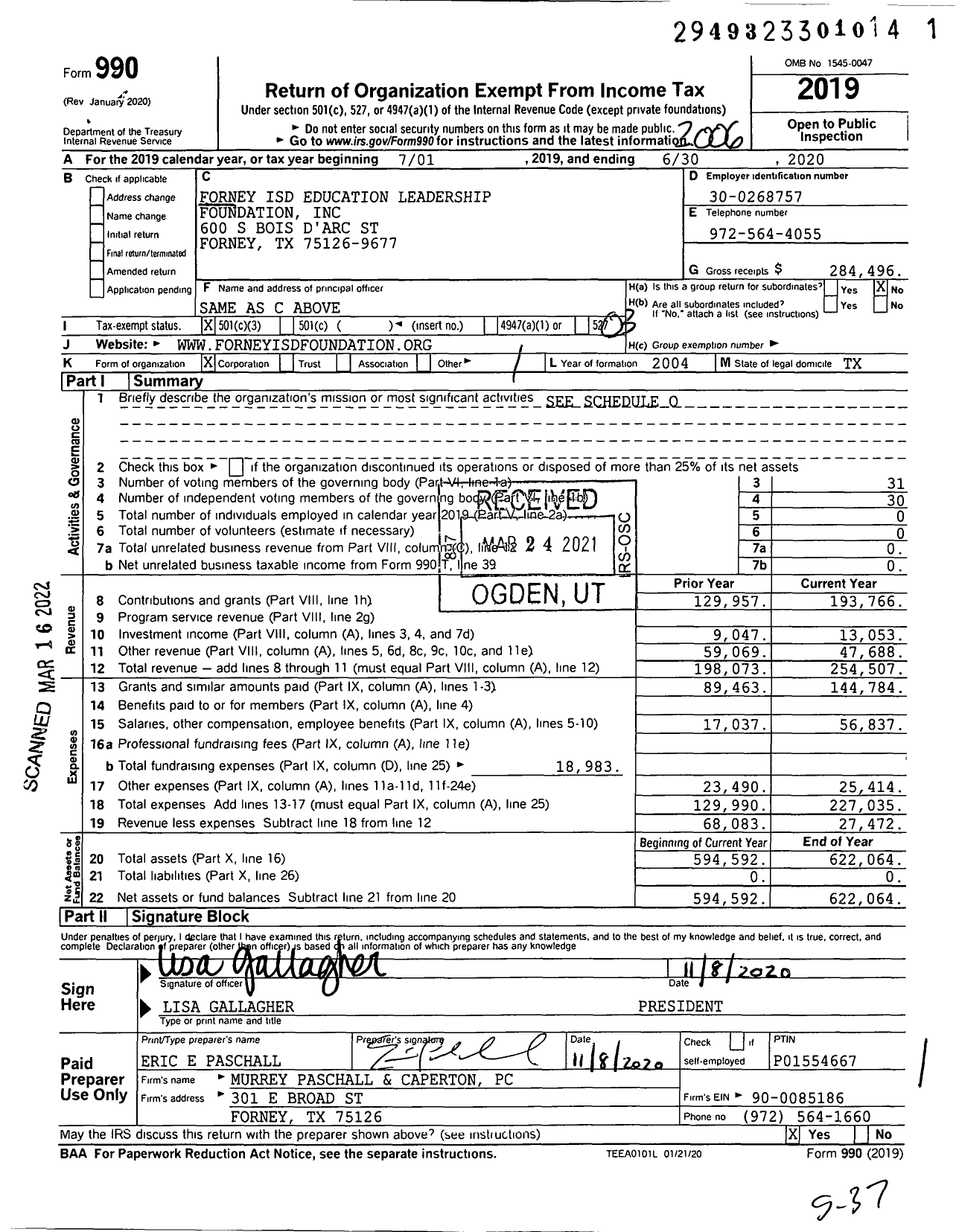 Image of first page of 2019 Form 990 for Forney Isd Education Leadership Foundation