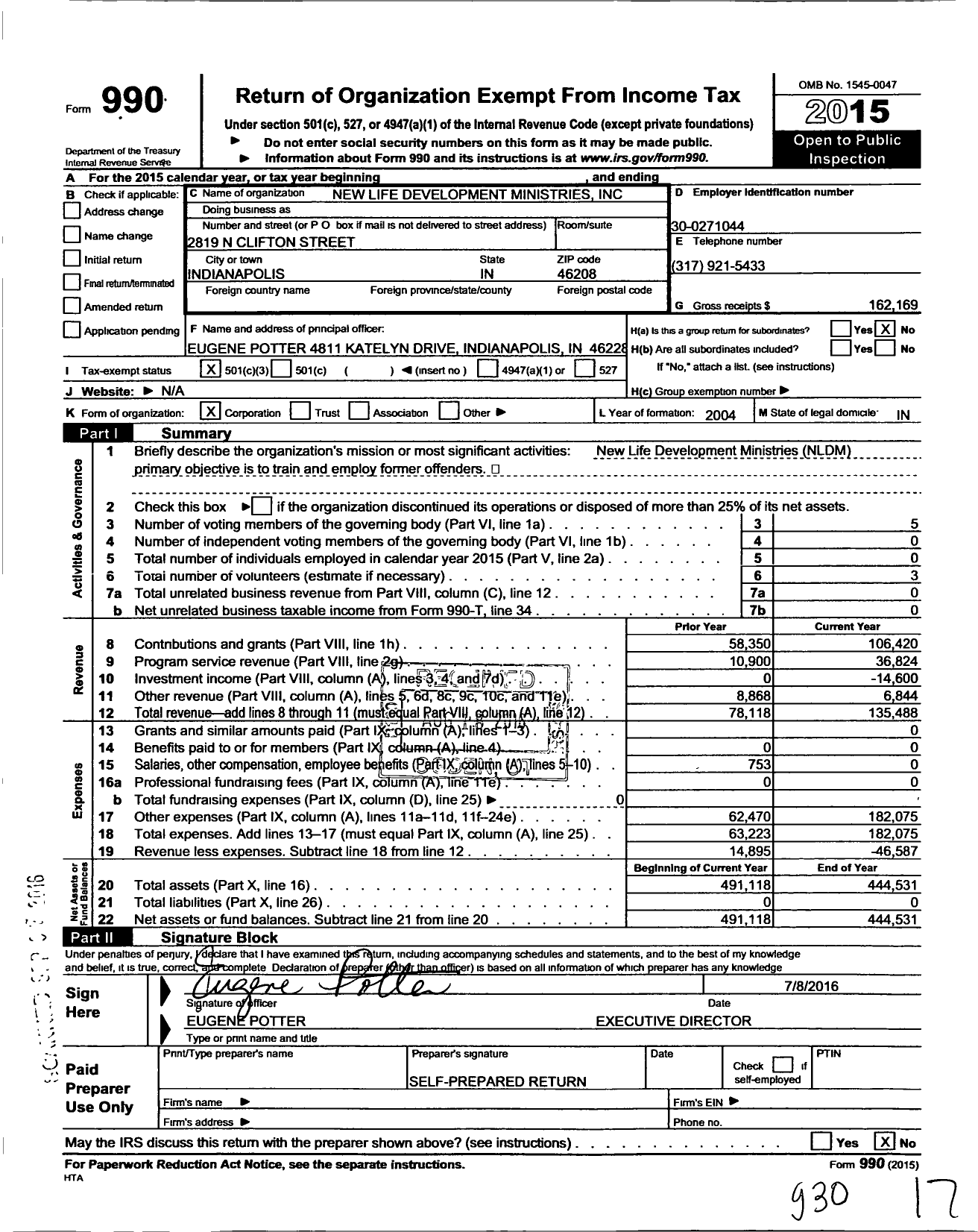 Image of first page of 2015 Form 990 for New Life Development Ministries