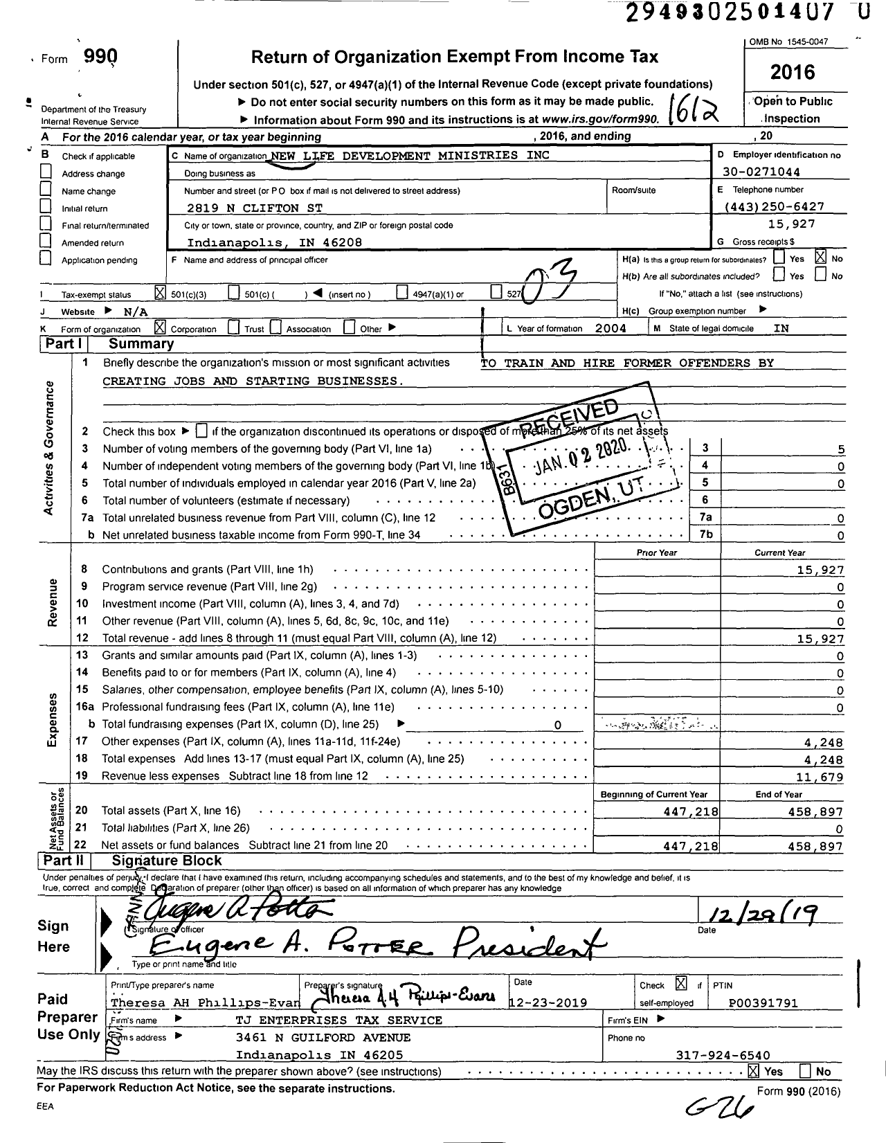 Image of first page of 2016 Form 990 for New Life Development Ministries