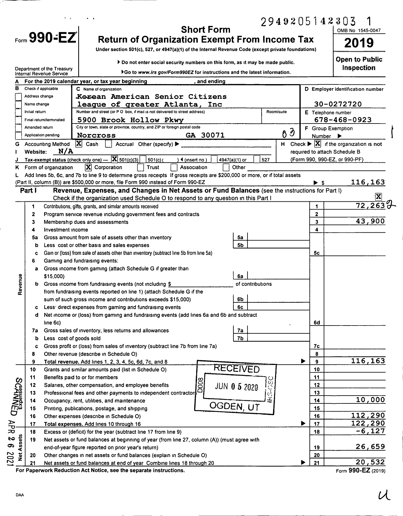 Image of first page of 2019 Form 990EZ for Korean American Senior Citizens League of Greater Atlanta