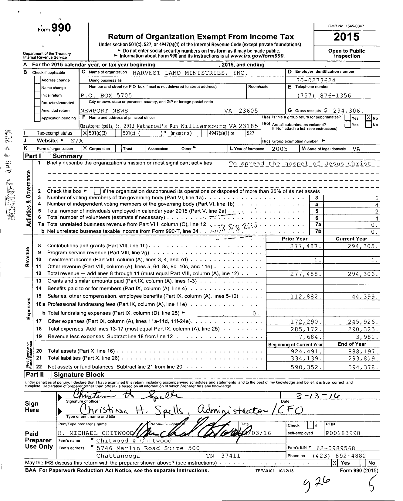 Image of first page of 2015 Form 990 for Harvest Land Ministries