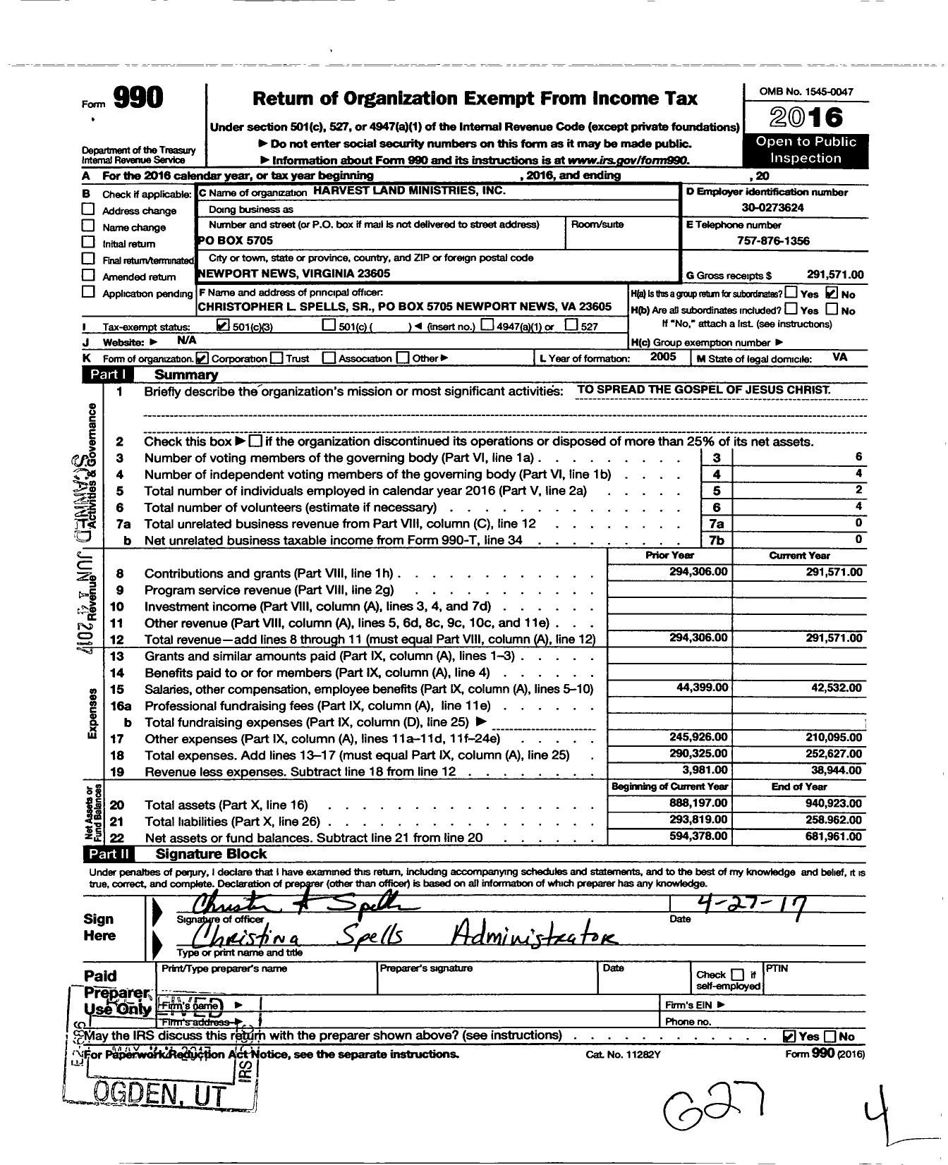 Image of first page of 2016 Form 990 for Harvest Land Ministries