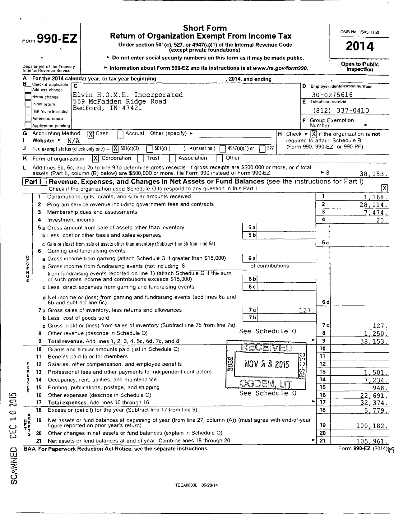 Image of first page of 2014 Form 990EZ for Elvin H O M E Incorporated