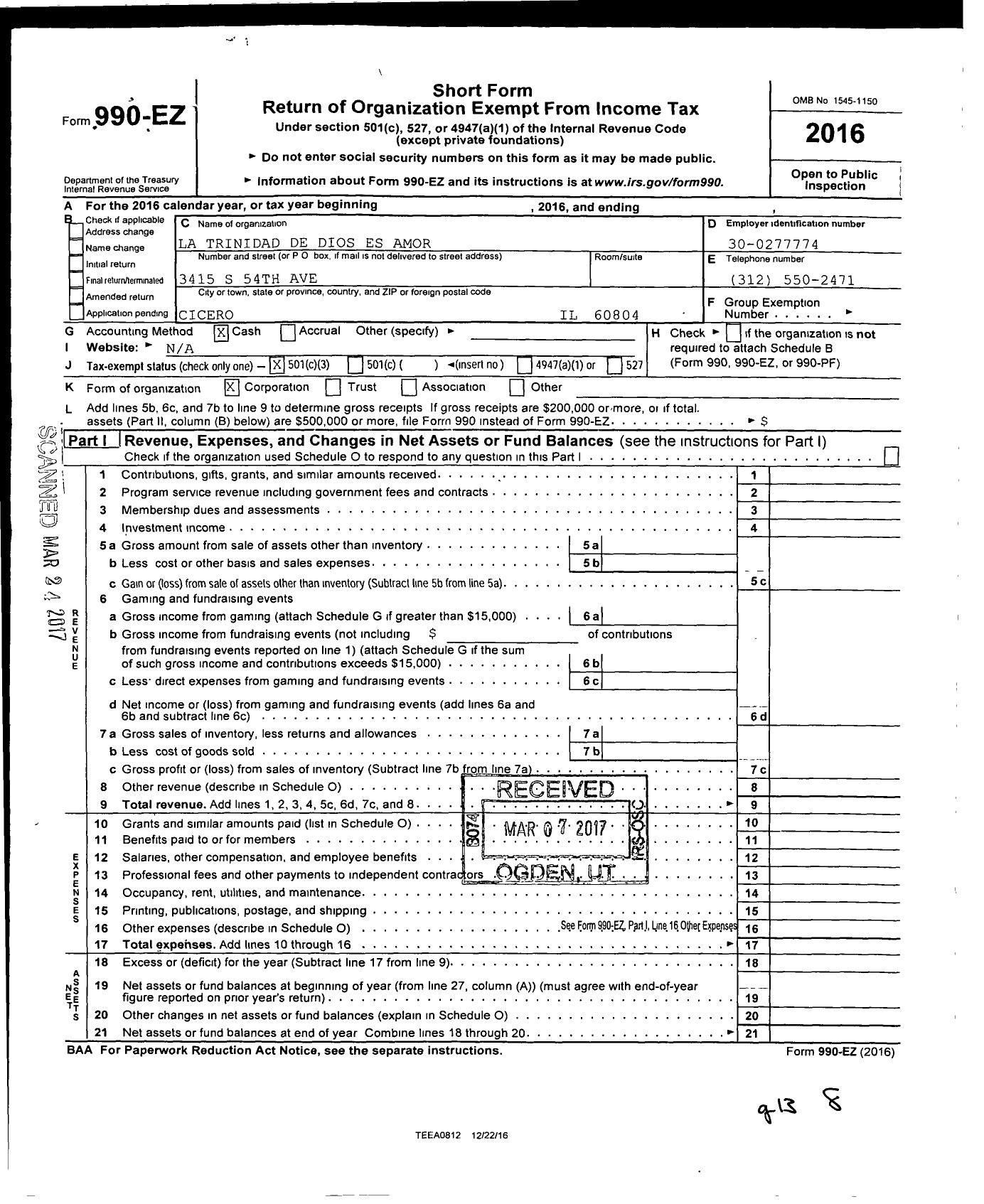 Image of first page of 2016 Form 990EZ for La Trinidad de Dios Es Amor