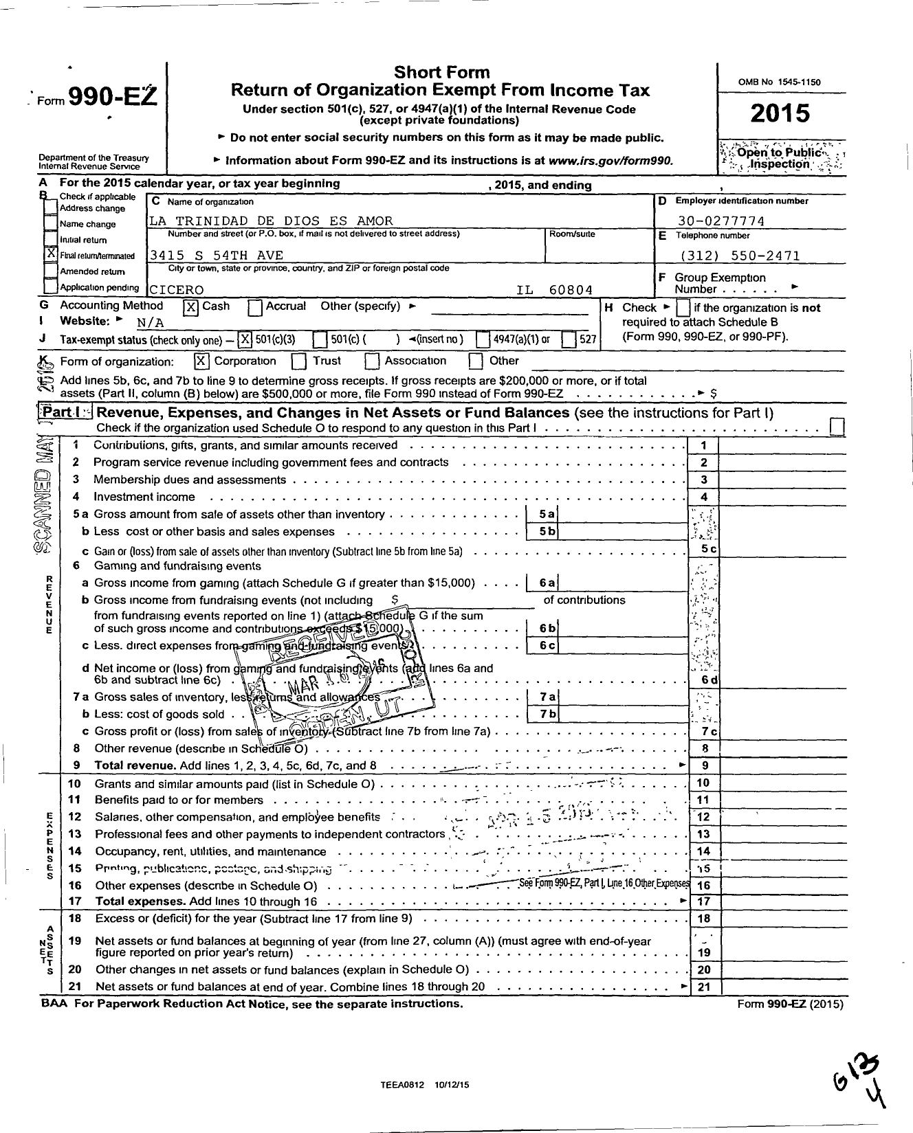 Image of first page of 2015 Form 990EZ for La Trinidad de Dios Es Amor