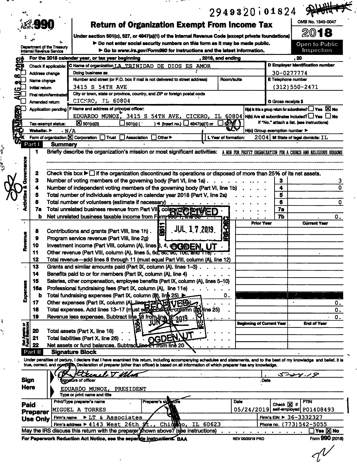 Image of first page of 2018 Form 990O for La Trinidad de Dios Es Amor