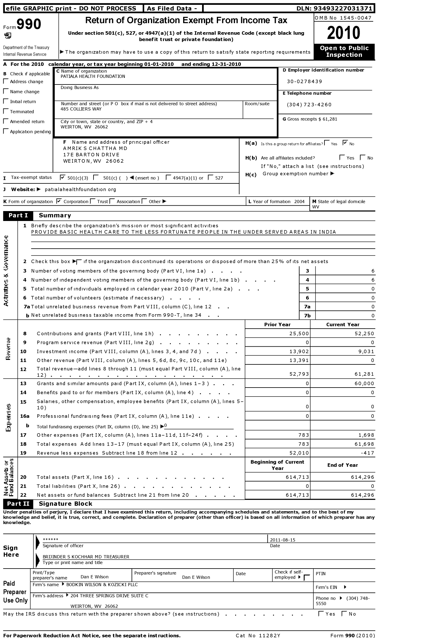 Image of first page of 2010 Form 990 for Patiala Health Foundation