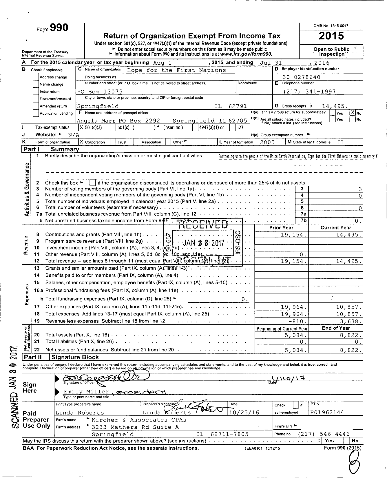 Image of first page of 2015 Form 990 for Hope for the First Nations