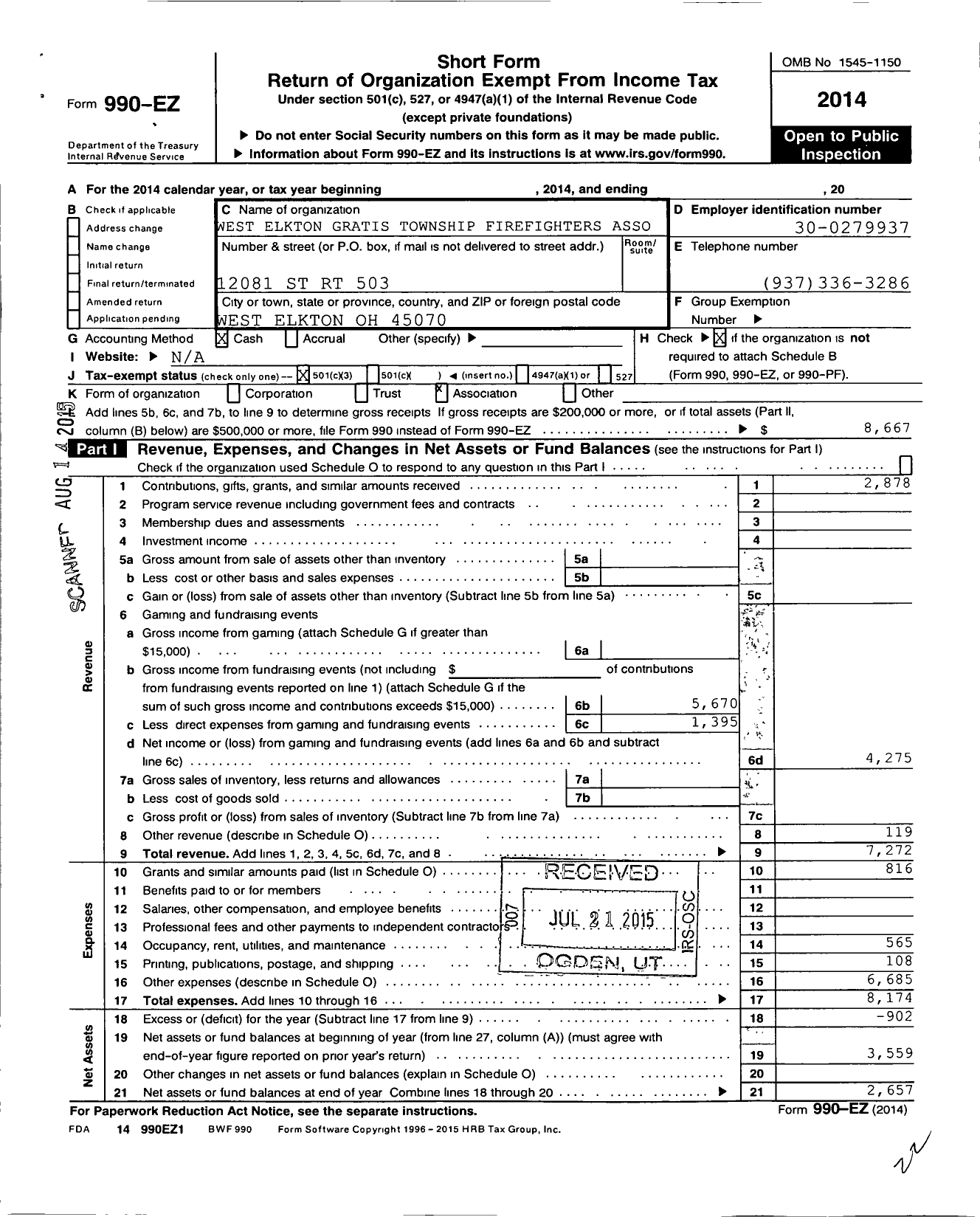 Image of first page of 2014 Form 990EZ for West Elkton Gratis Township Firefighters Asso