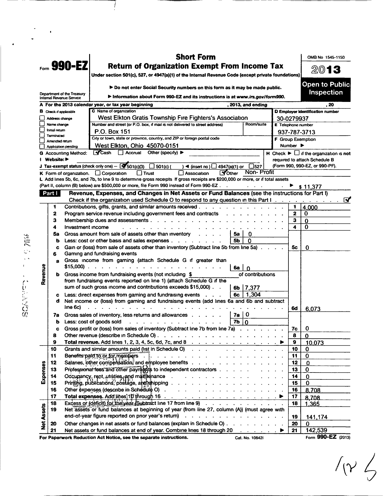 Image of first page of 2013 Form 990EZ for West Elkton Gratis Township Firefighters Asso