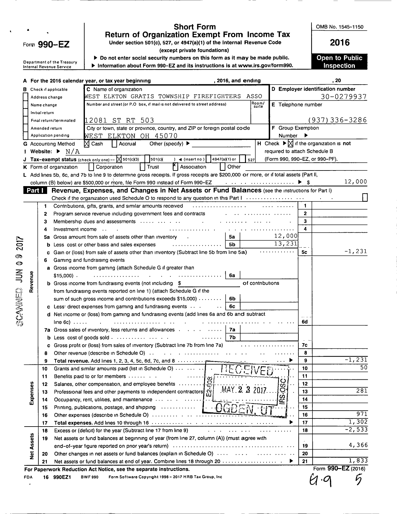 Image of first page of 2016 Form 990EZ for West Elkton Gratis Township Firefighters Asso