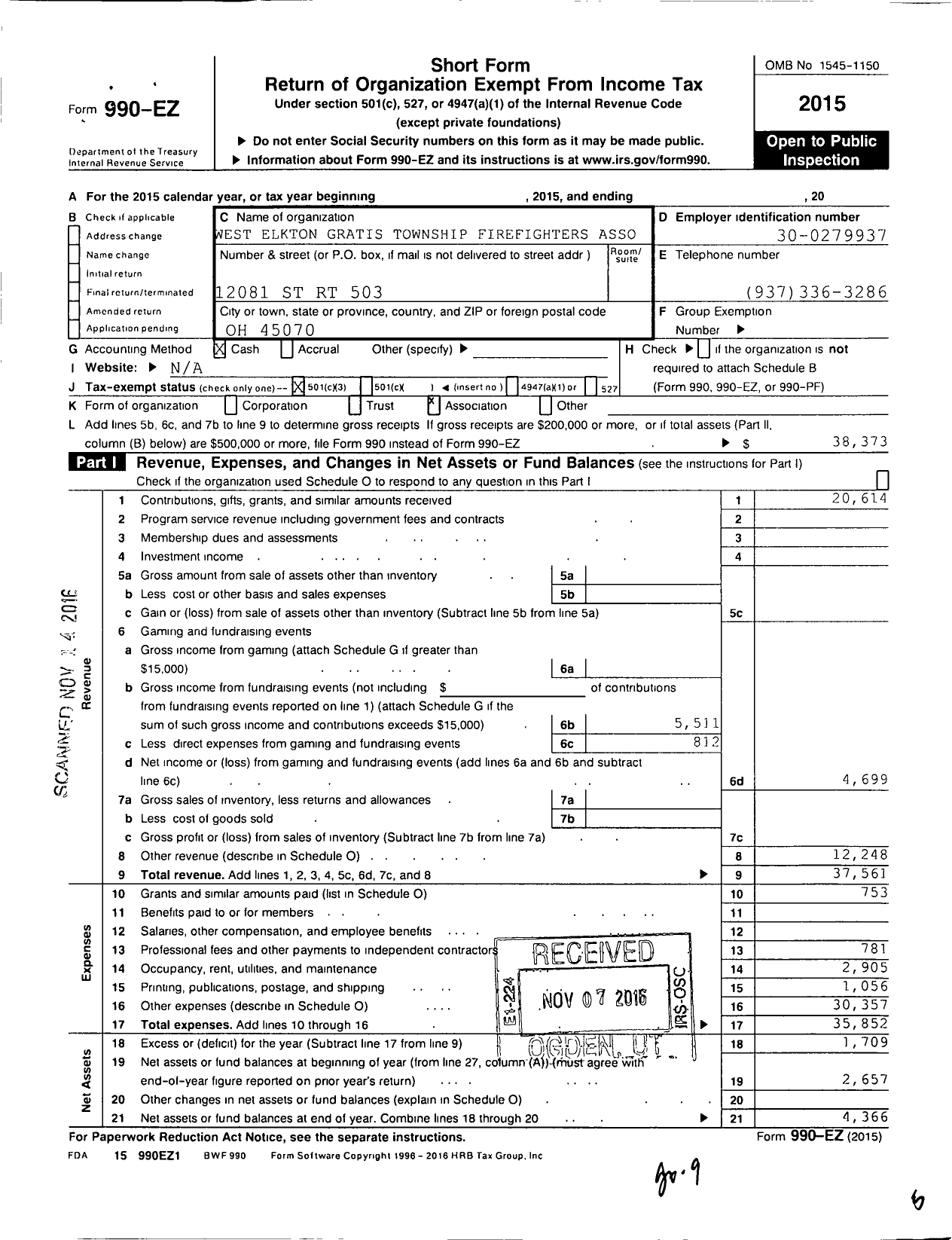 Image of first page of 2015 Form 990EZ for West Elkton Gratis Township Firefighters Asso