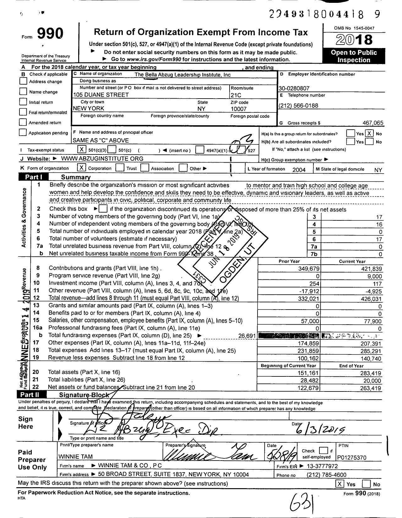 Image of first page of 2018 Form 990 for The Bella Abzug Leadership Institute