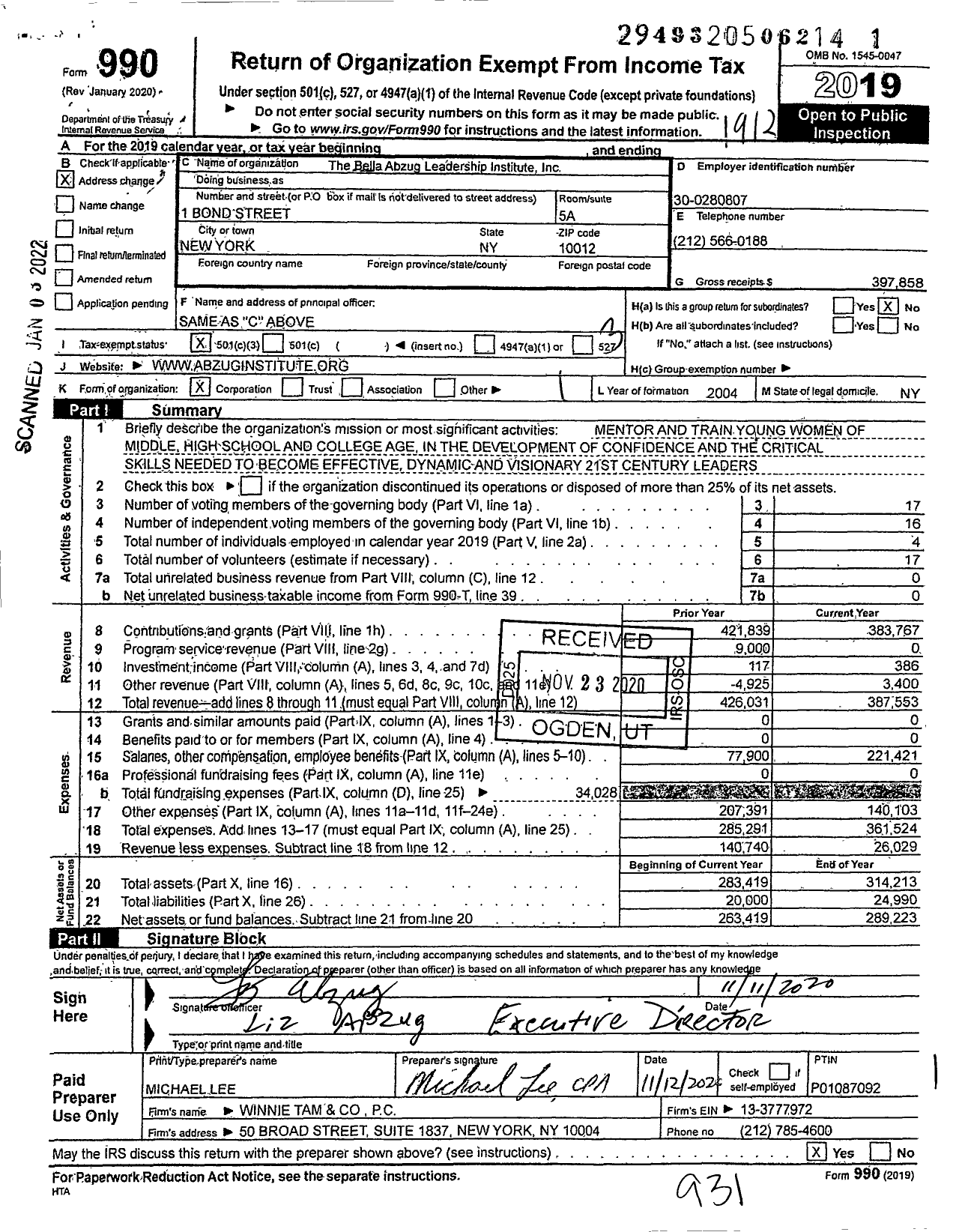 Image of first page of 2019 Form 990 for The Bella Abzug Leadership Institute