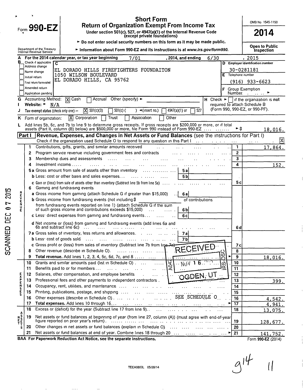 Image of first page of 2014 Form 990EZ for El Dorado Hills Firefighters Foundation