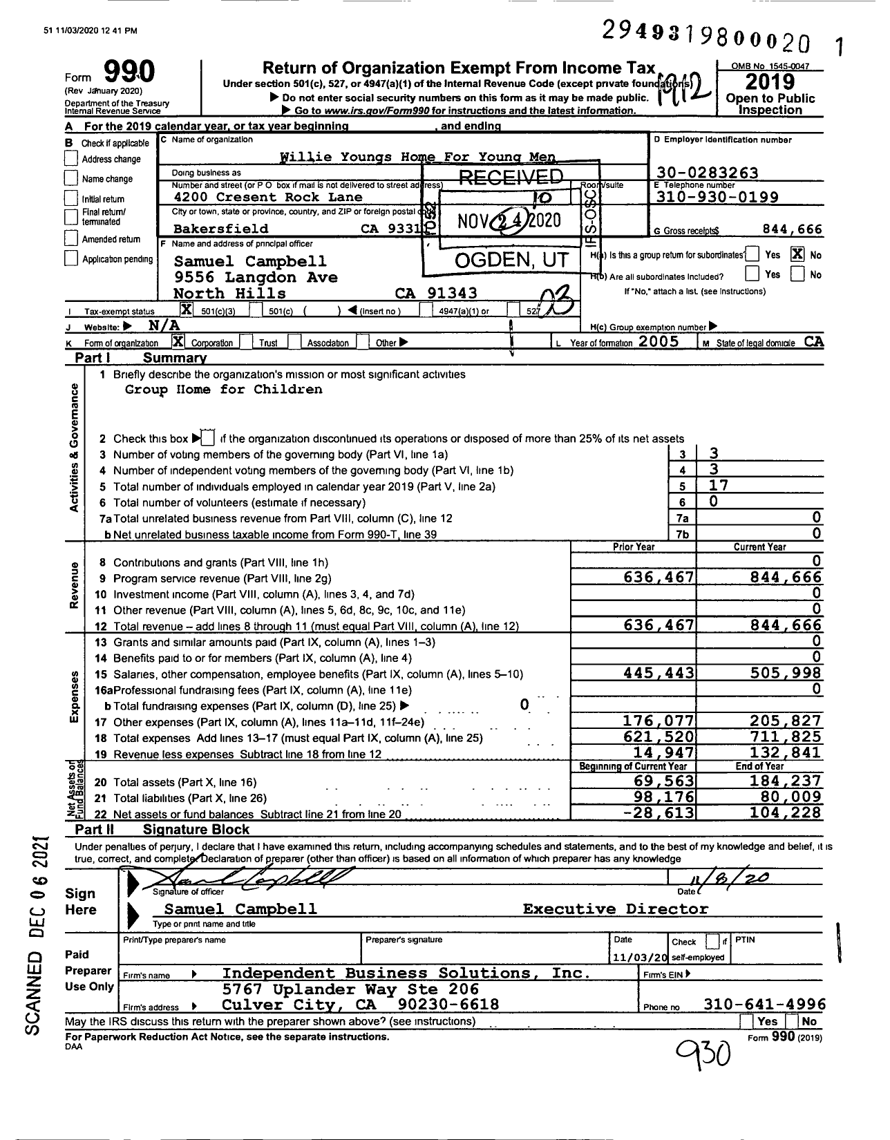 Image of first page of 2019 Form 990 for Willie Youngs Home for Young Men