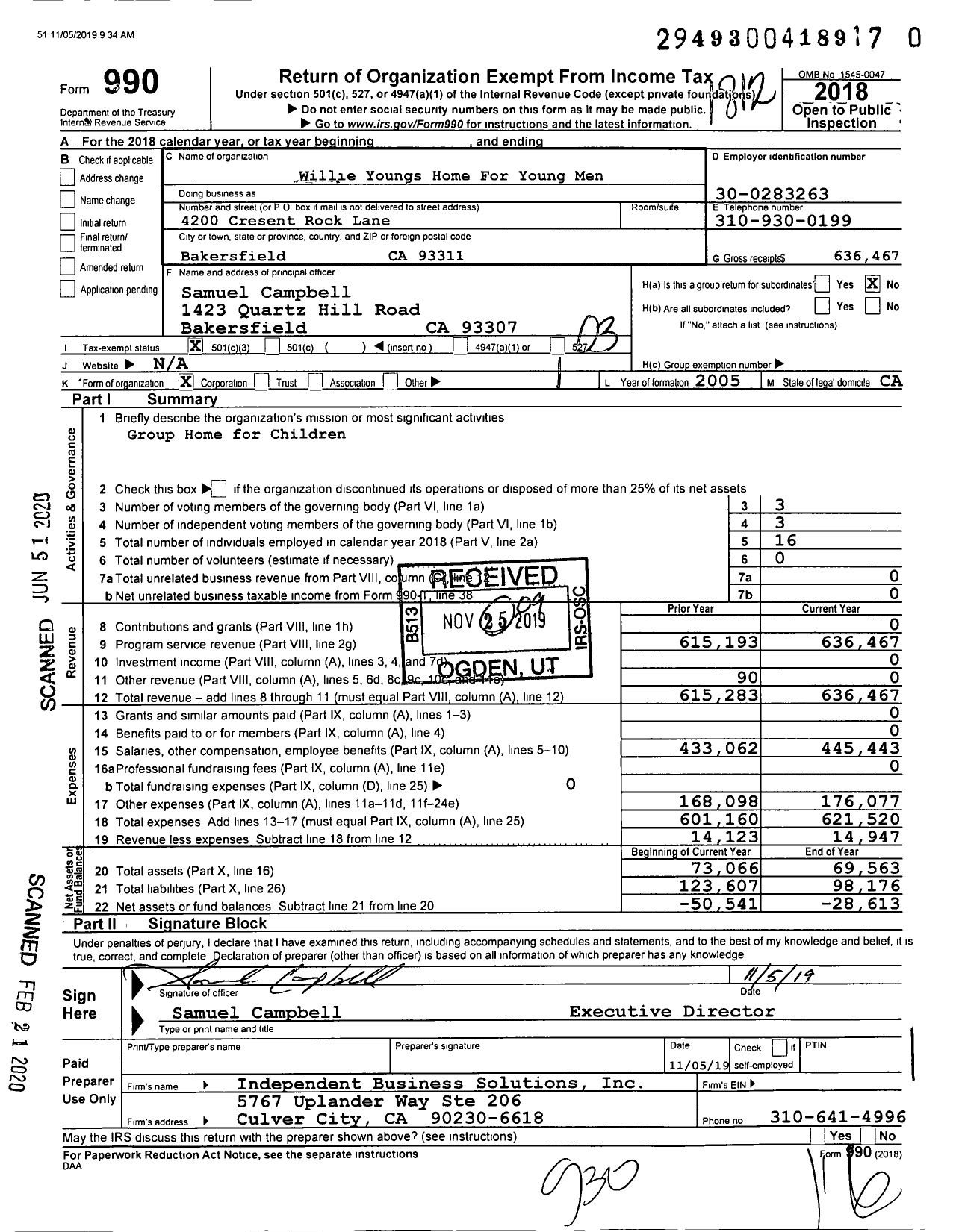 Image of first page of 2018 Form 990 for Willie Youngs Home for Young Men