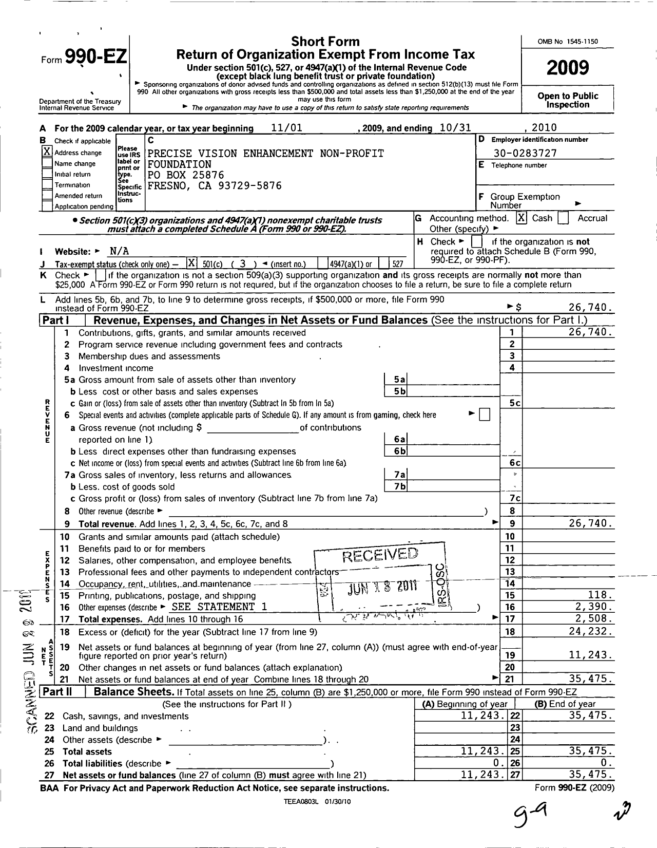 Image of first page of 2009 Form 990EZ for Precise Vision Enhancement Non-Profit Foundation