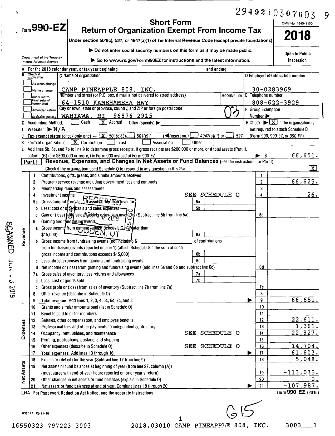 Image of first page of 2018 Form 990EZ for Camp Pineapple 808