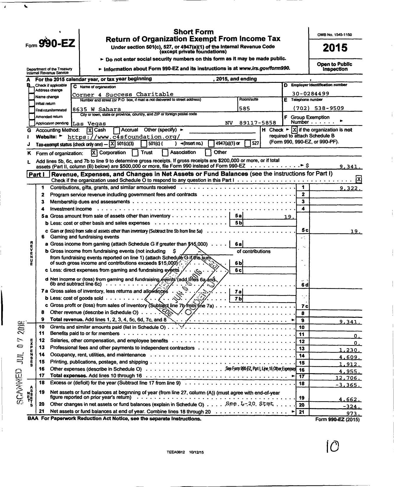 Image of first page of 2015 Form 990EZ for Corner 4 Success Charitable Foundation