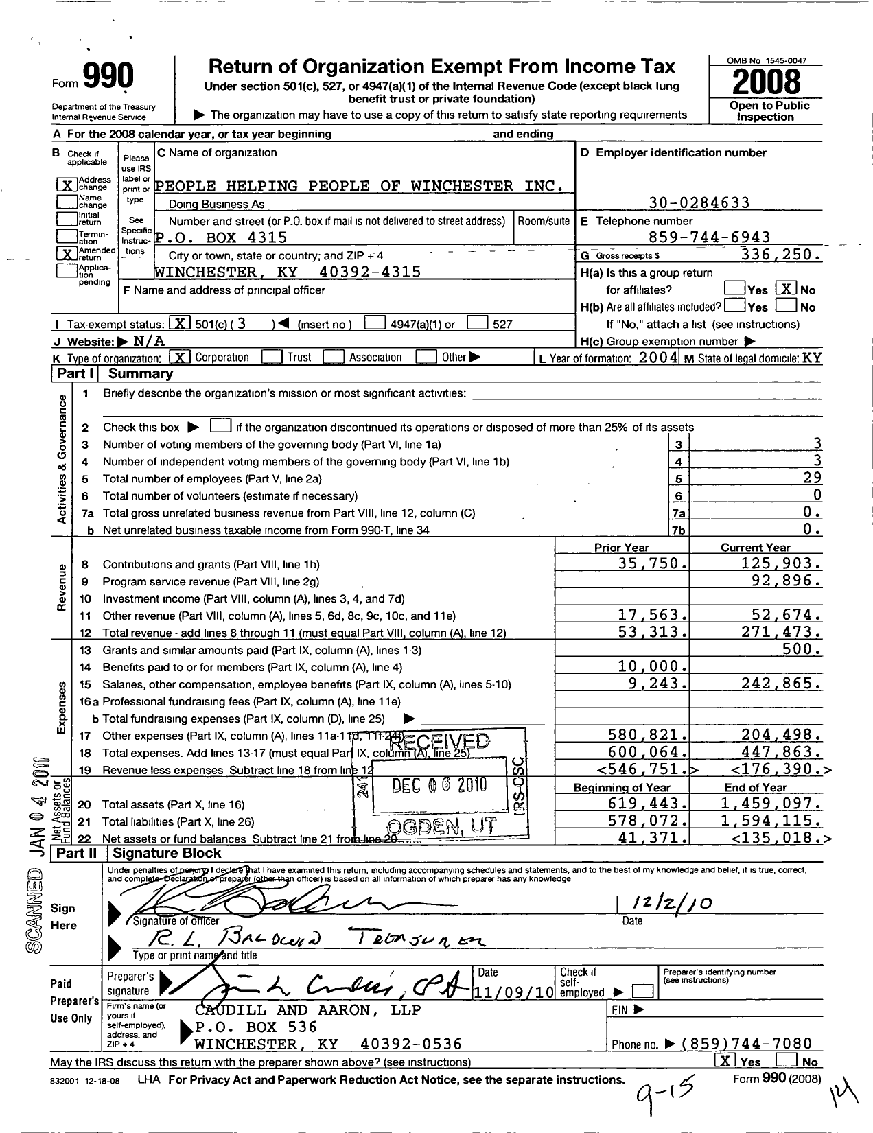 Image of first page of 2008 Form 990 for People Helping People of Winchester