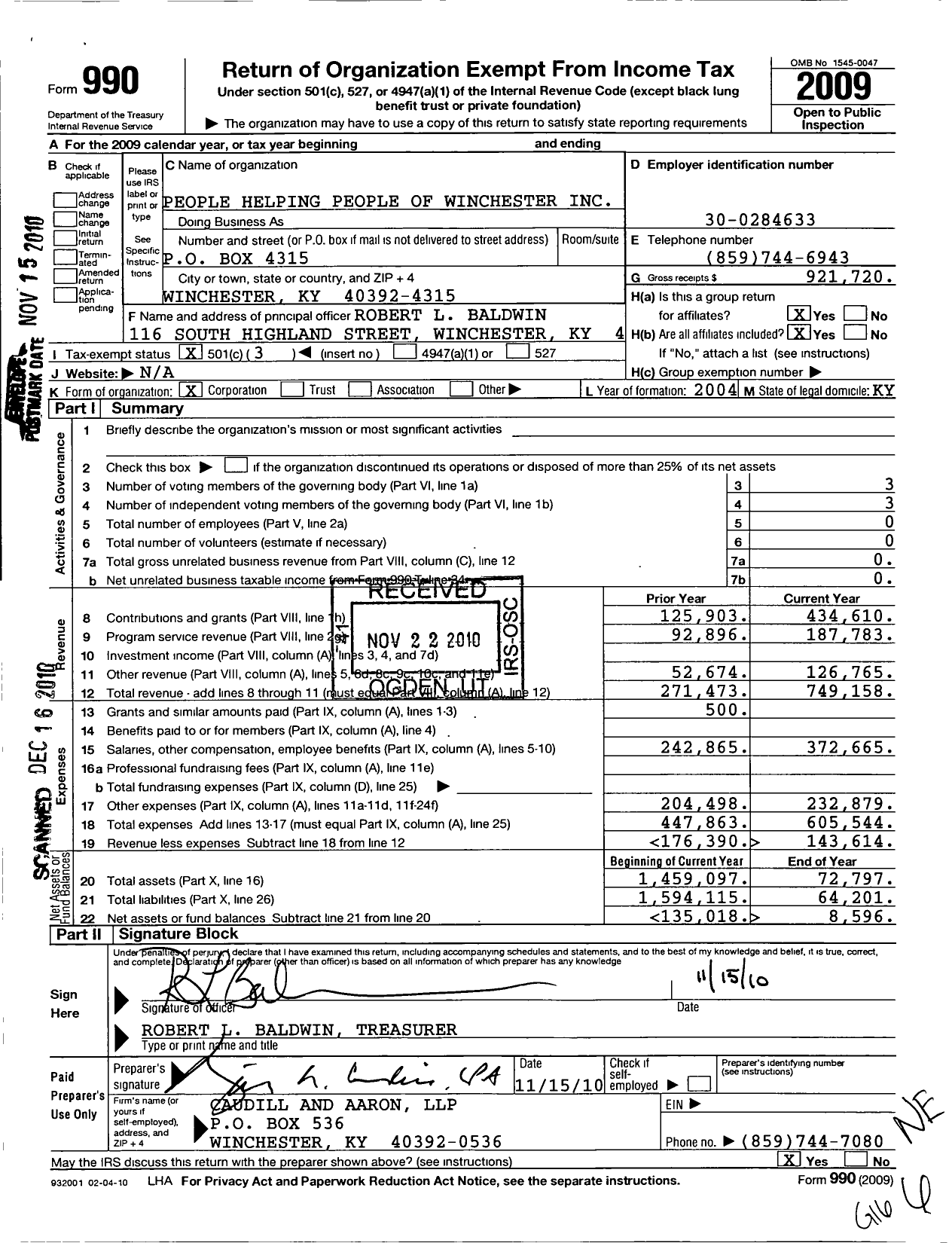 Image of first page of 2009 Form 990 for People Helping People of Winchester