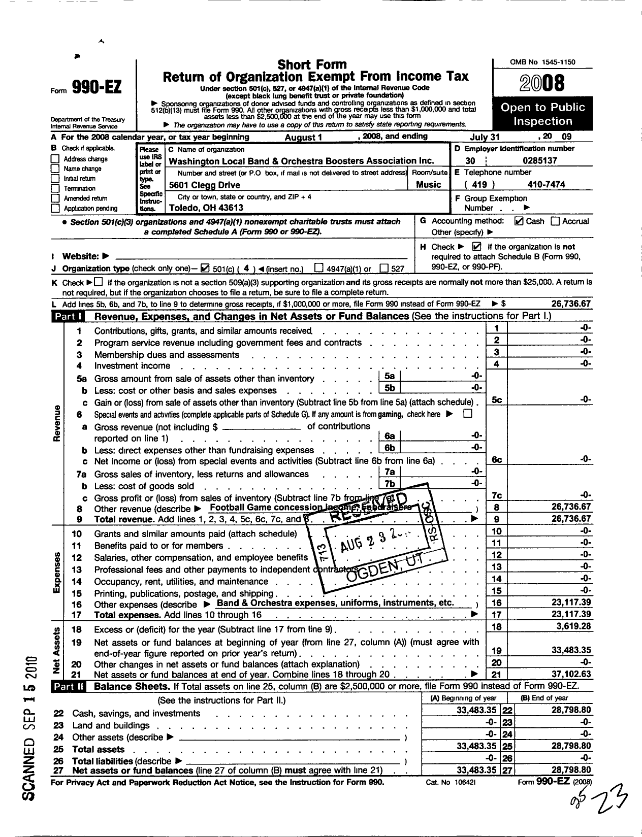 Image of first page of 2008 Form 990EO for The Washington Local Band and Orchestra Boosters