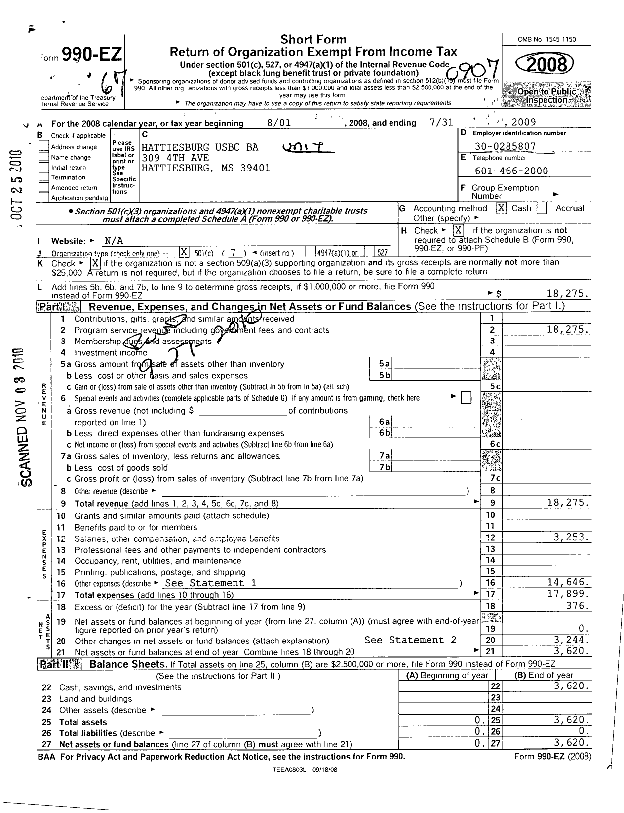Image of first page of 2008 Form 990EO for United States Bowling Congress - 86577 Hattiesburg Usbc