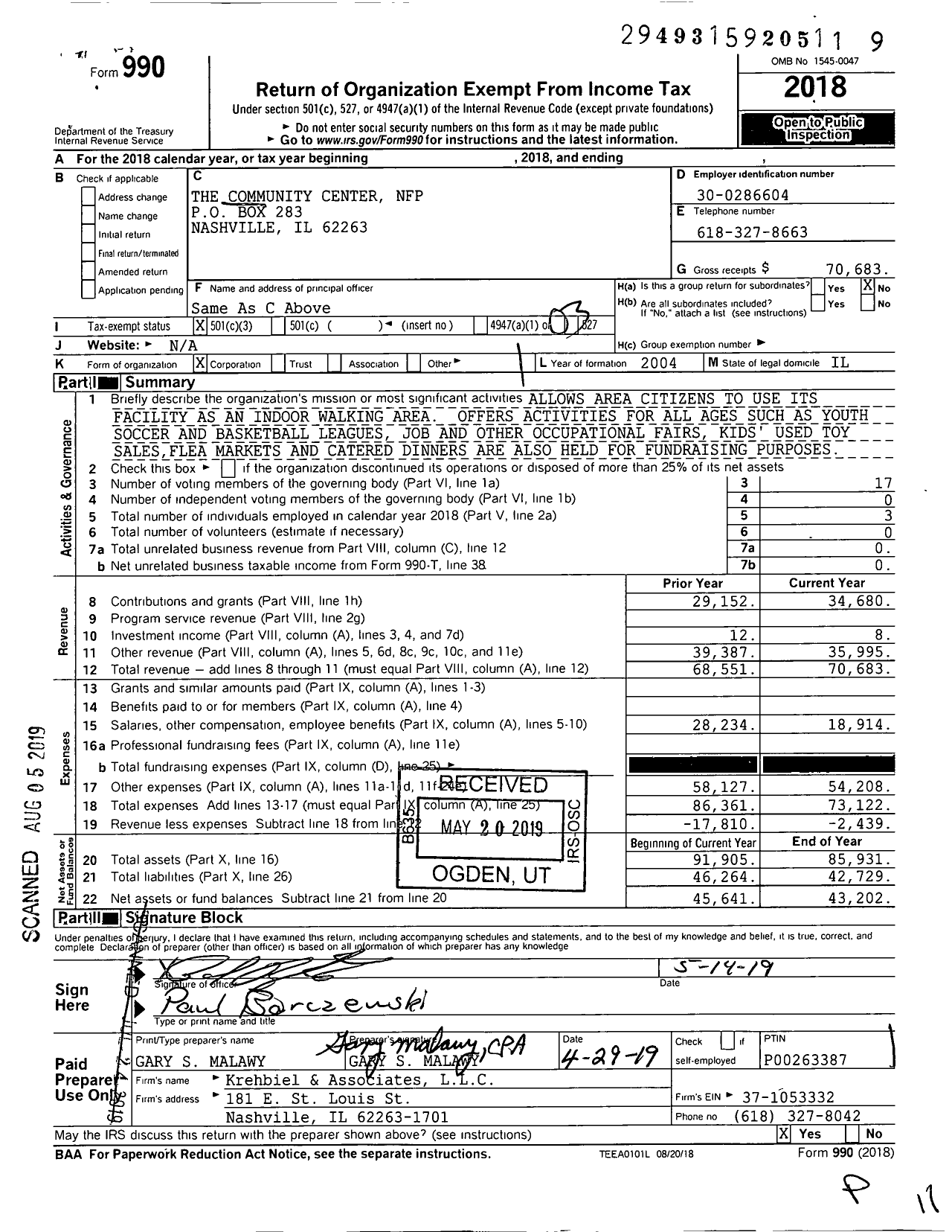 Image of first page of 2018 Form 990 for The Community Center NFP