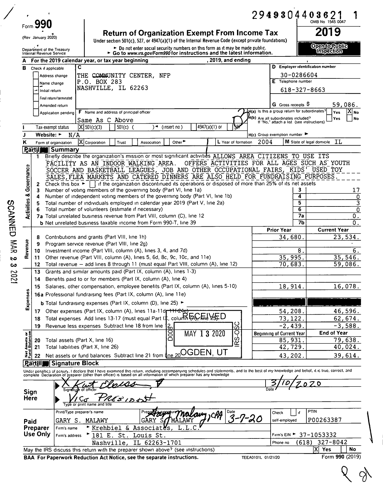 Image of first page of 2019 Form 990 for The Community Center NFP
