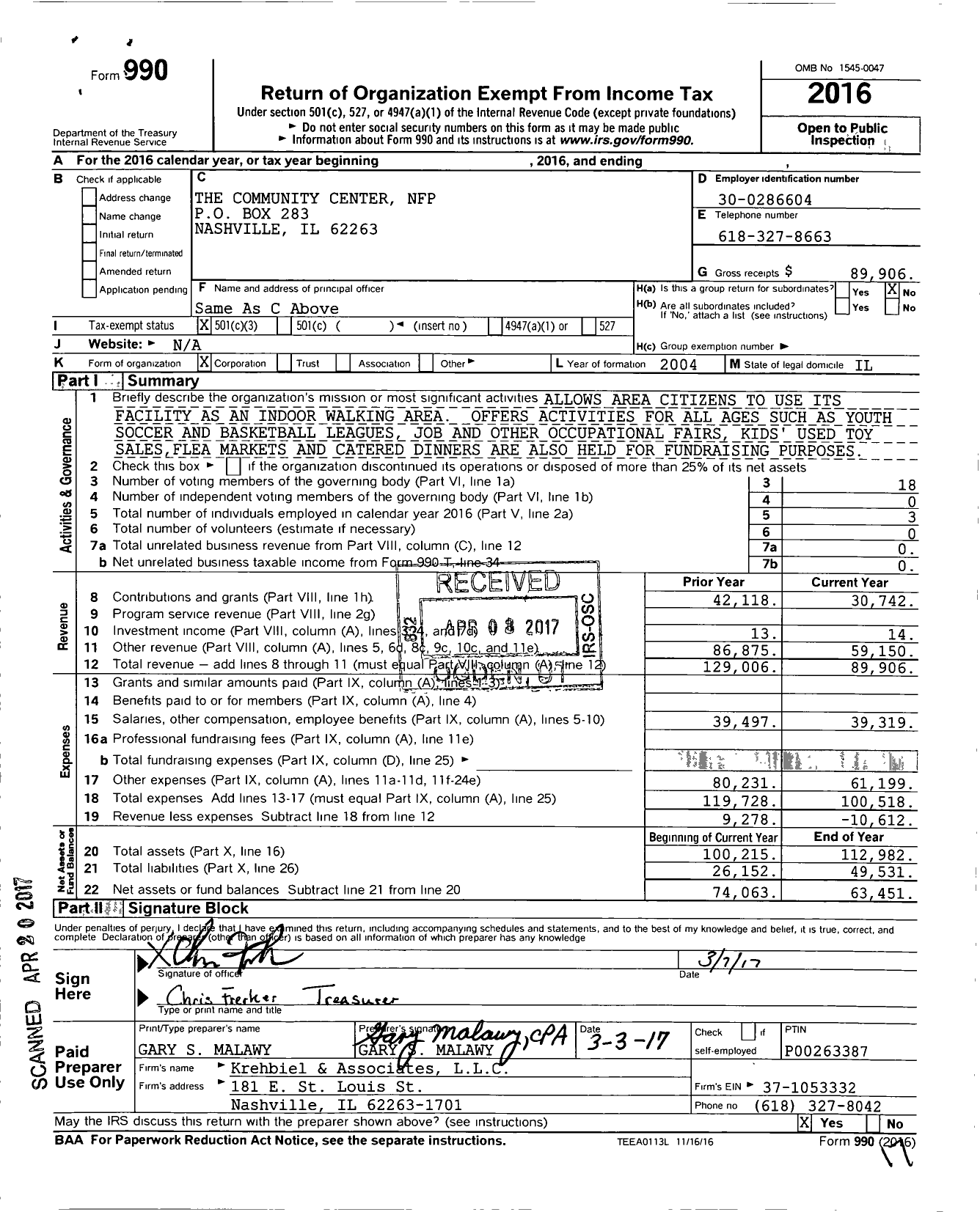 Image of first page of 2016 Form 990 for The Community Center NFP